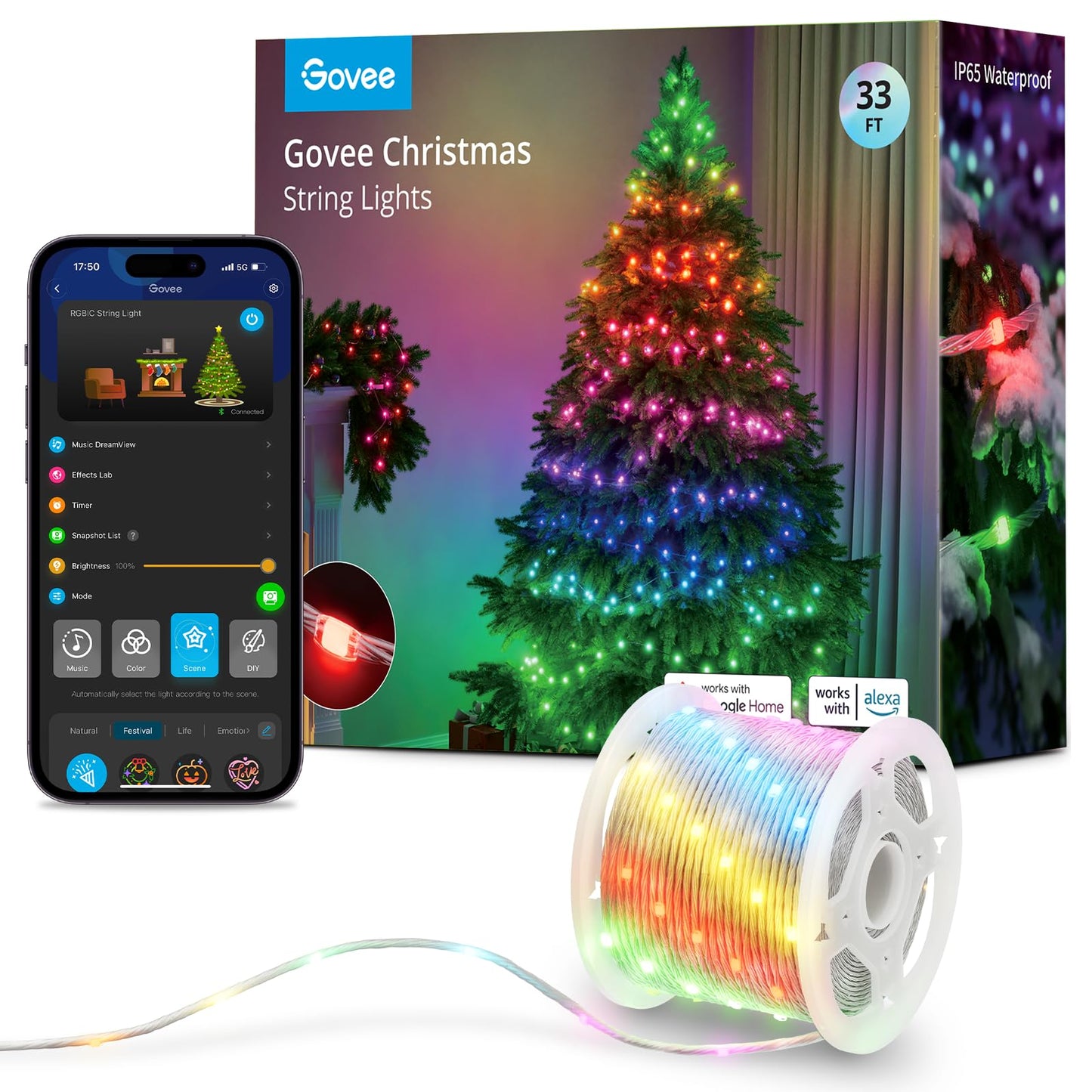 Govee Christmas String Lights, Christmas Decorations Indoor, 10M RGBIC Indoor Lights with 100 LED Lights, App Control with 125+ Dynamic Scene Modes, IP65 Waterproof, Sync with Music, Alexa Compability