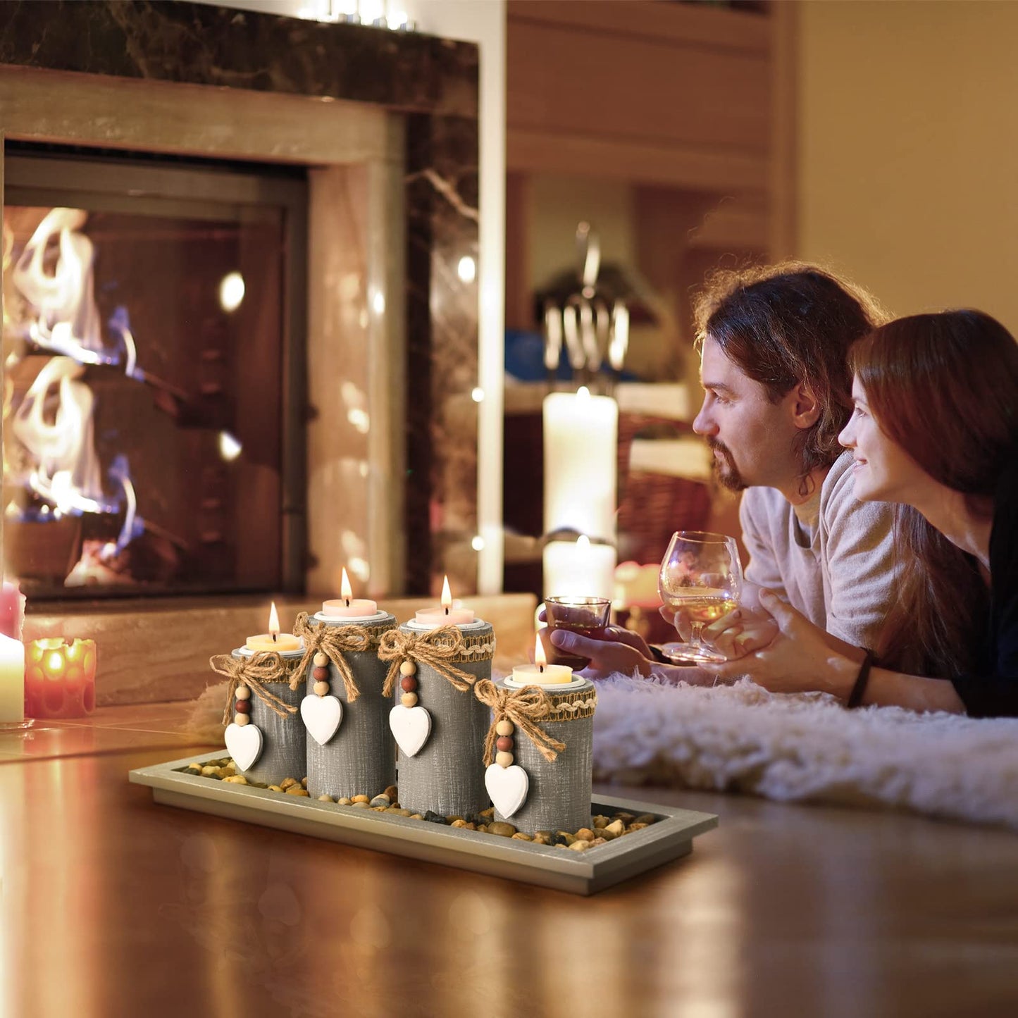 GoMaihe Candle Holder Set of 4 with Wodden Tray, Tealight Holders Candlestick Holder, Table Centerpiece Home Decor Living Room Bedroom Decoration Mum Gift Birthday Wedding Christmas Party Ornaments