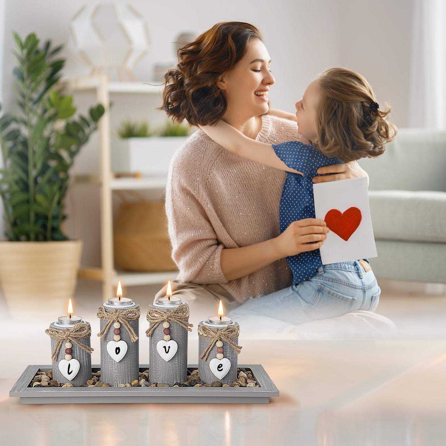 GoMaihe Candle Holder Set of 4 with Wodden Tray, Tealight Holders Candlestick Holder, Table Centerpiece Home Decor Living Room Bedroom Decoration Mum Gift Birthday Wedding Christmas Party Ornaments