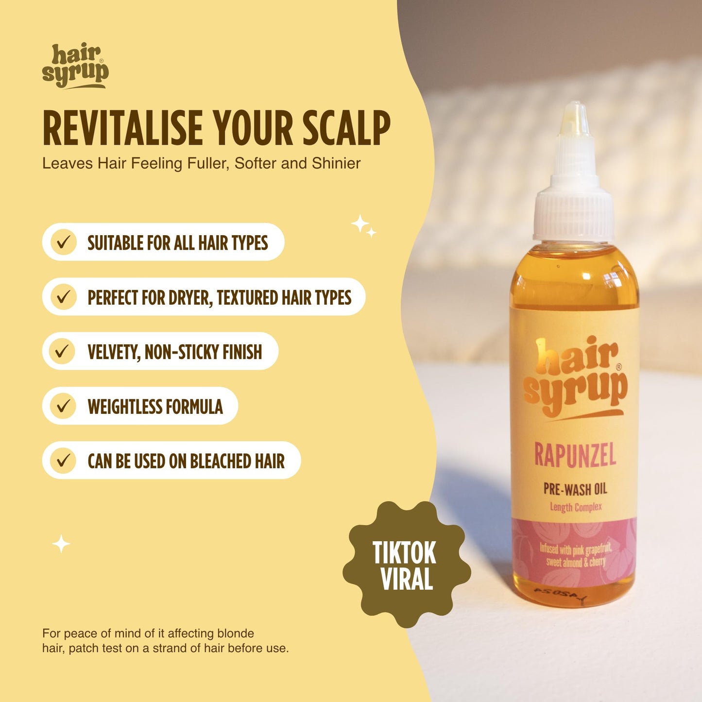 Hair Syrup | Rapunzel Pre-Wash Hair Oil | Infused with Pink Grapefruit, Sweet Almond & Cherry | Revitalise Your Scalp & Mind | Vegan | 100% Natural | 100ml