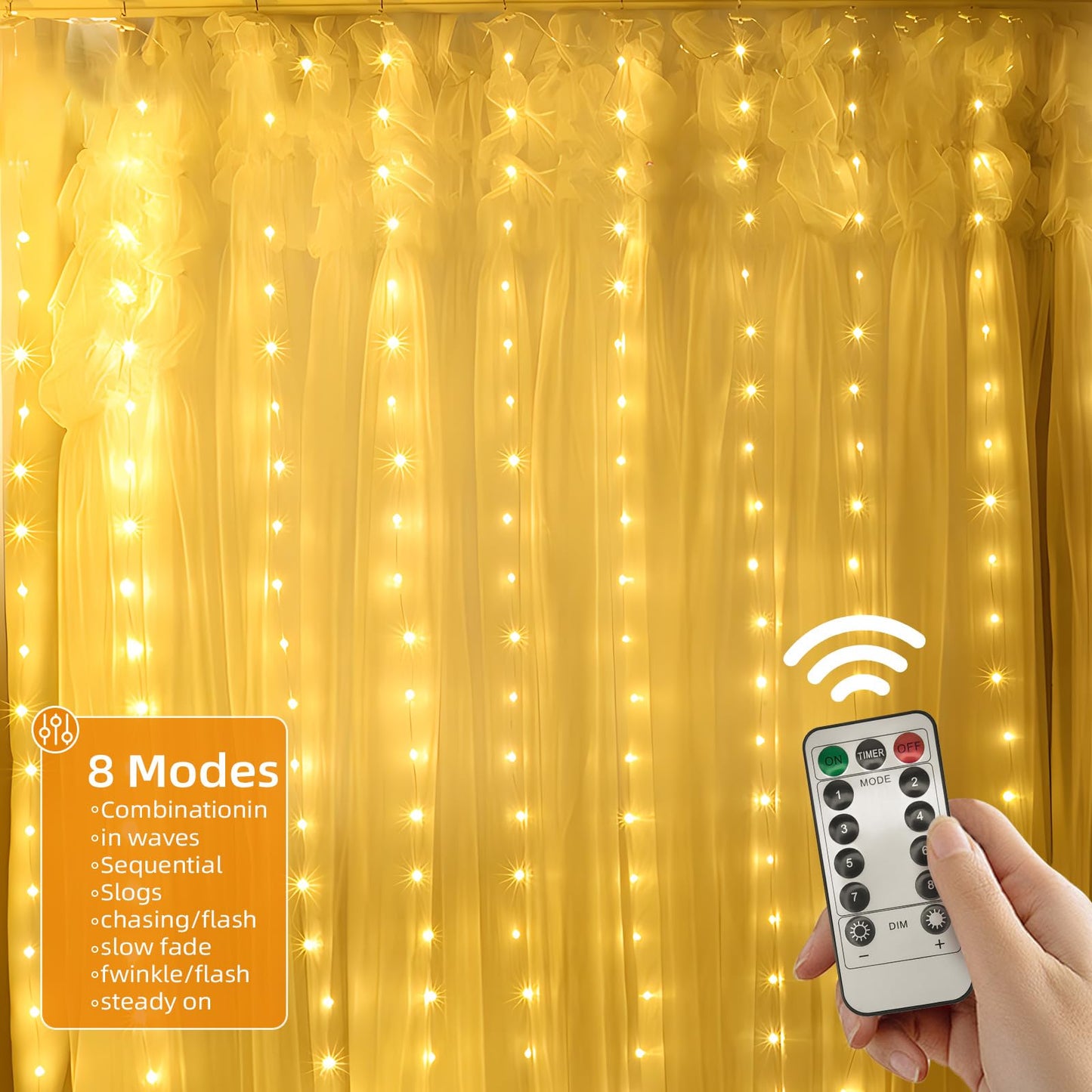 Jsdoin Curtain Fairy Lights, 3.6m x 3m 360leds USB Operated 8 Modes String Light Indoor Waterproof Hanging Window Lights with Hooks for Christmas, Wedding, Party,Wall, Home Decorations(Warm White)