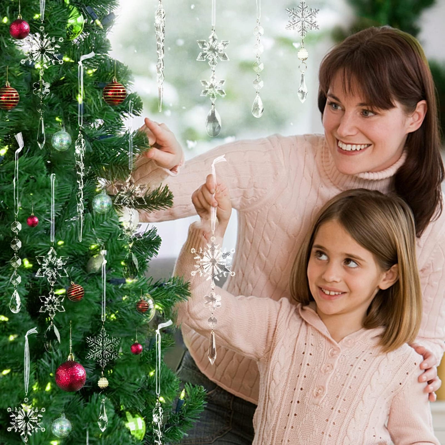 18pcs Crystal Ornaments - Acrylic Christmas Snowflake Icicle Drop for Tree, Winter, New Year Party Supplies
