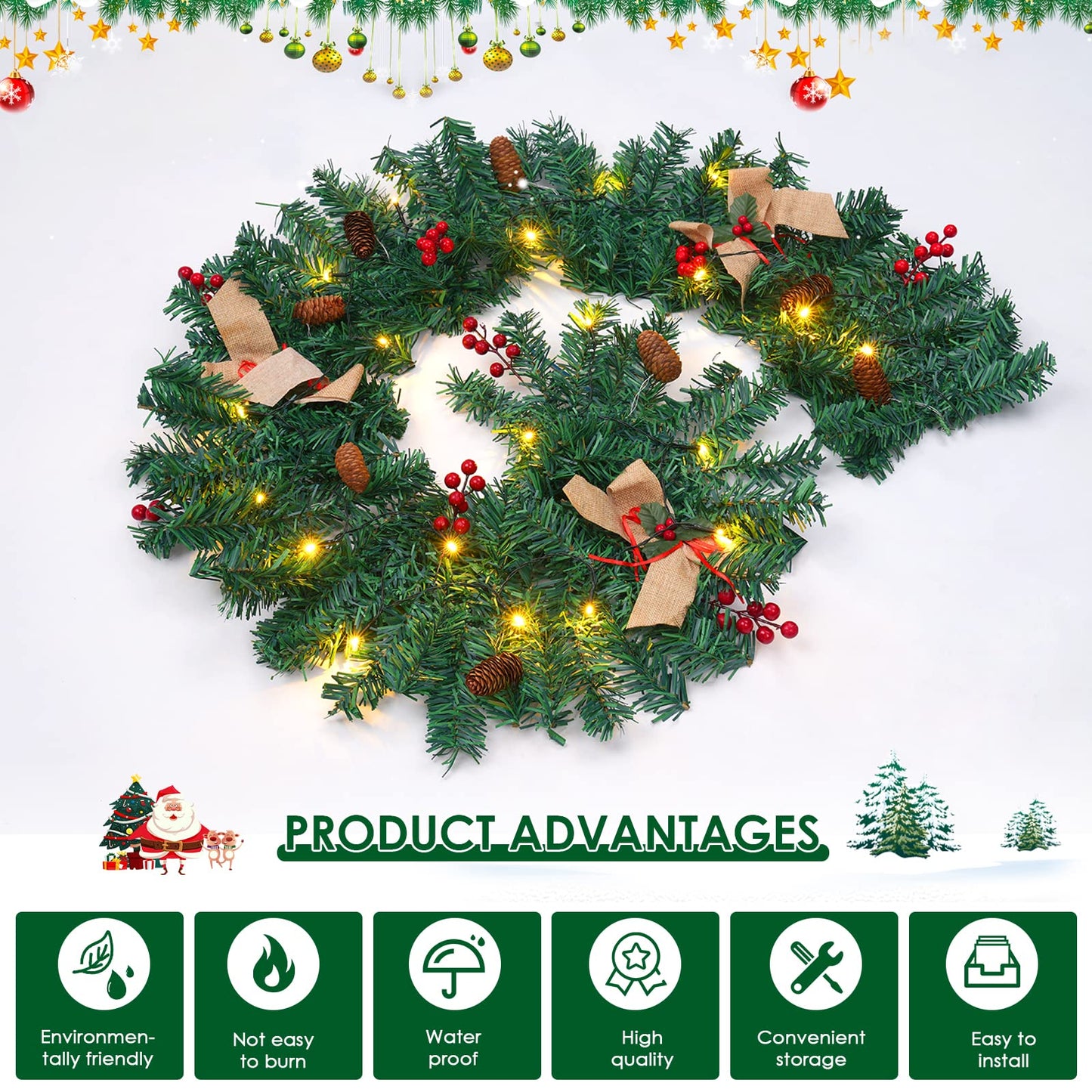 1.8M/6FT Christmas Garland with Lights, Christmas Garlands for Fireplace Stairs Artificial Wreath with 50 LED Lights and Bow Pine Cones Berries for Xmas Tree Front Door Home Holiday Decor