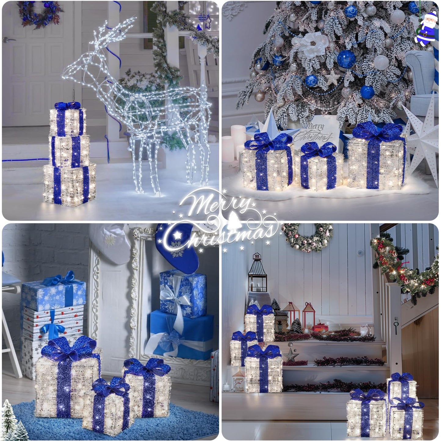Quntis Light up Present Boxes Christmas 140 LEDs, Set of 3 Christmas Lighted Gift Boxes with 8 Modes and Timer, Plug in Blue Christmas Decorations, Light up Xmas Decorations for Indoor Outdoor
