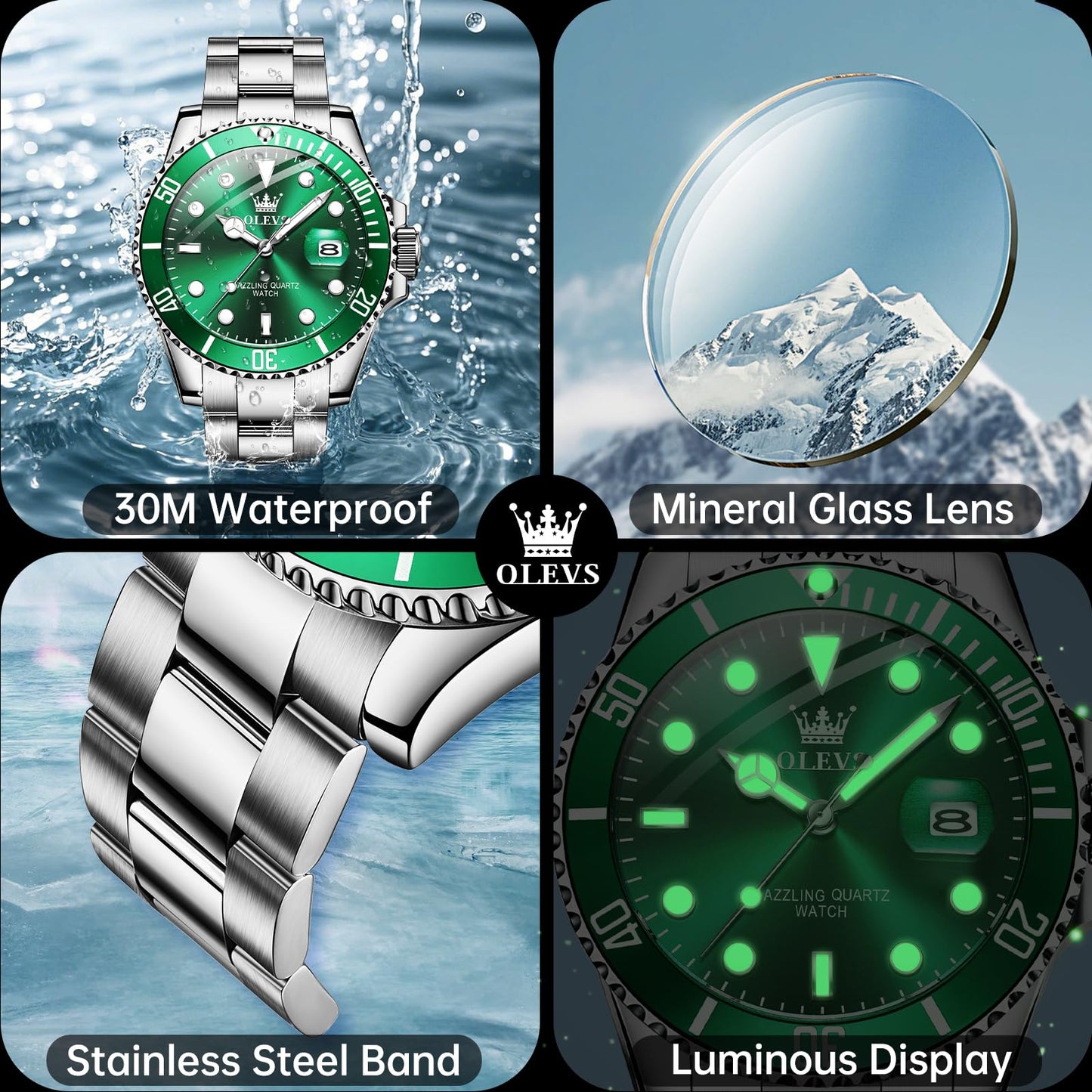 OLEVS Mens Watch Big Face Silver Stainless Steel Analogue Quartz Watches Men Green Dial Rotatable Bezel Calendar Men's Dress Watch Waterproof Luminous with Date Watches for Men Reloj para Hombre