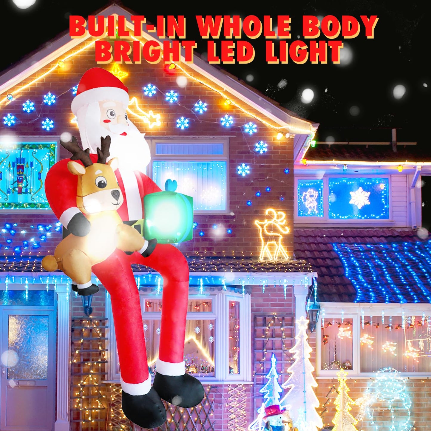 PIPIMOUSE 9.5Ft Christmas Inflatable Outdoor Decoration Giant Sitting Santa Claus Christmas Inflatables with LED Light Climbing Santa Inflatable Blow Up Yard Decorations for Xmas Roof Eaves Lawn Shrub