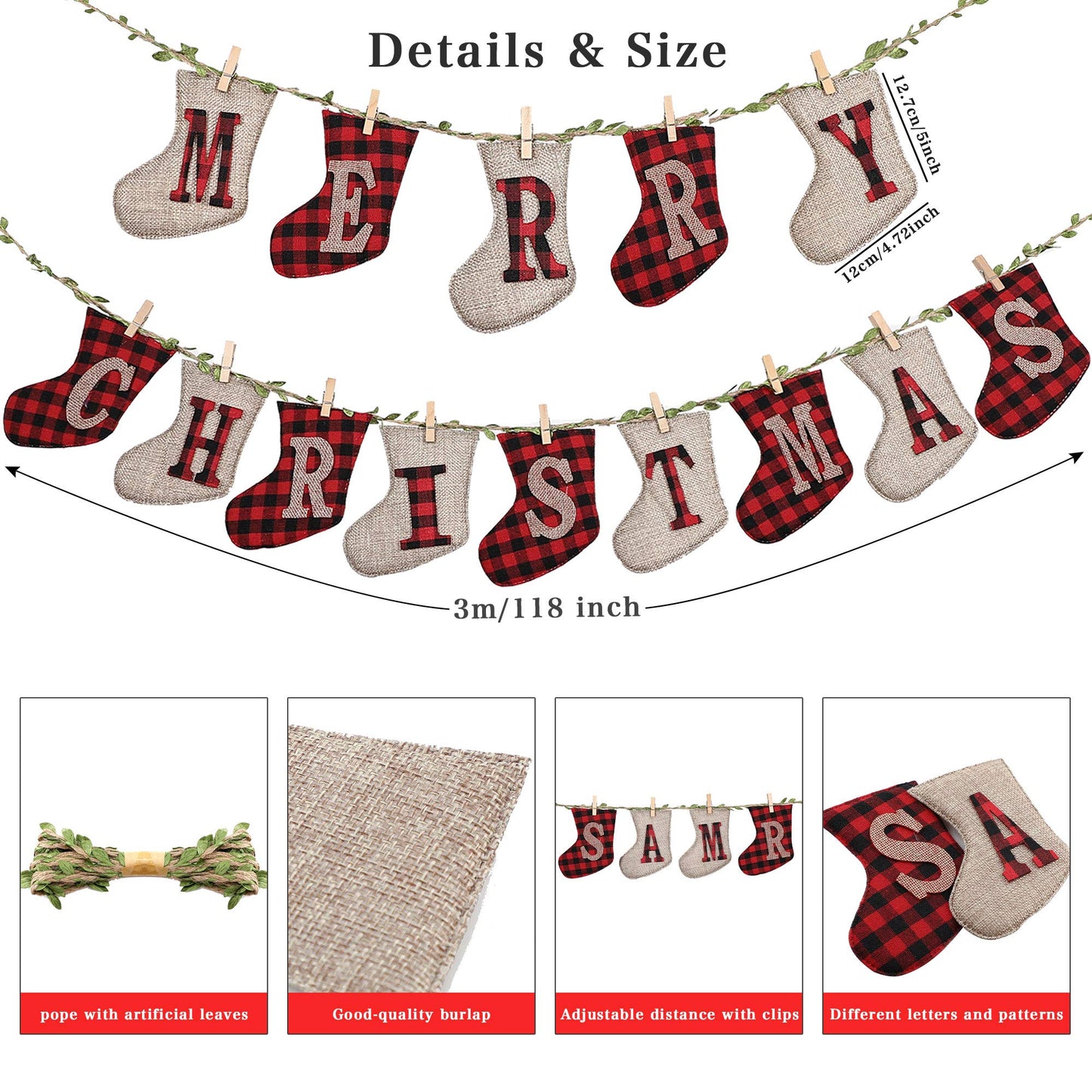 LessMo Merry Christmas Banners, Sock Shaped Burlap Banners, Red-White Plaid, 3 Meters (Length Only), 14 Pieces, Indoor/Outdoor, Christmas Party & Wall Decoration