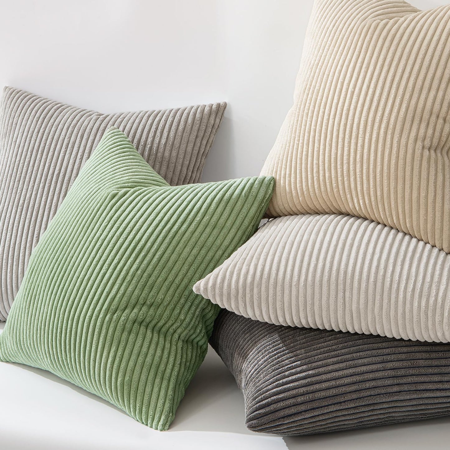 MIULEE Set of 2 Striped Corduroy Square Throw Pillow Case Soft Cushion Covers Sham Home for Sofa Couch/Bedroom Decorative Fluffy Large Pillowcases 18x18 Inch 45x45cm Sage Green