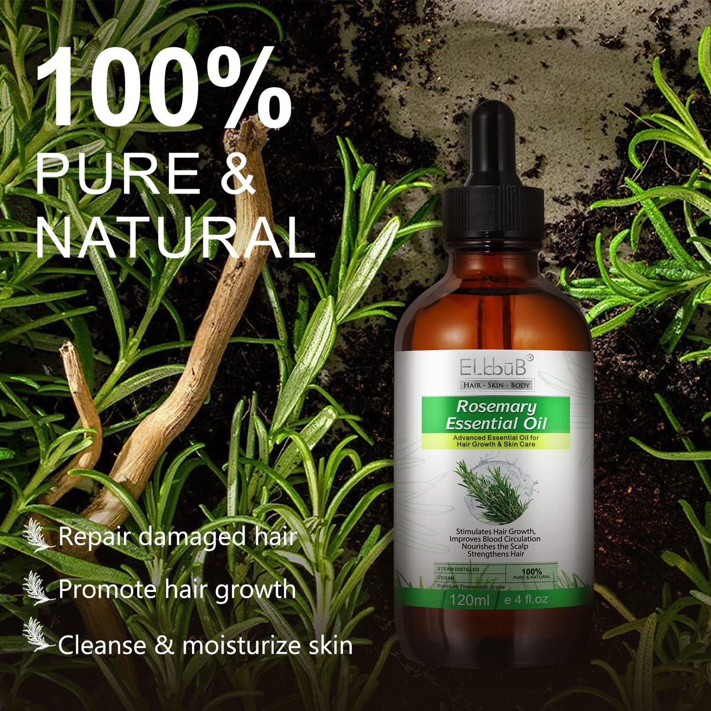 ELBBUB Rosemary Oil for Hair Growth - Undiluted Rosemary Oil for Hair Skin - Cleansing Rosemary Essential Oil for Dry Scalp Care Rid of Itchy and Dry Scalp, 1, 120.0 millilitre