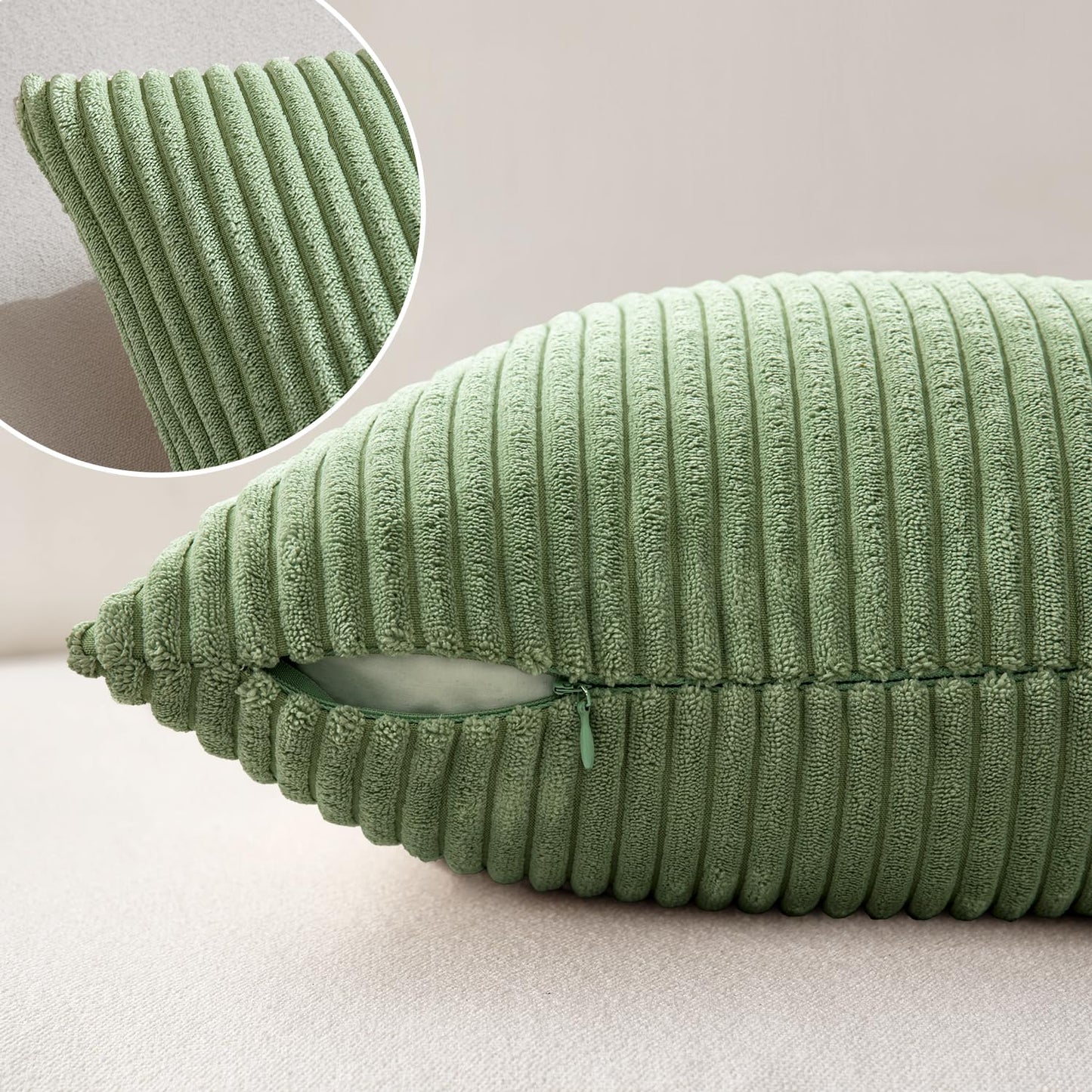 MIULEE Set of 2 Striped Corduroy Square Throw Pillow Case Soft Cushion Covers Sham Home for Sofa Couch/Bedroom Decorative Fluffy Large Pillowcases 18x18 Inch 45x45cm Sage Green