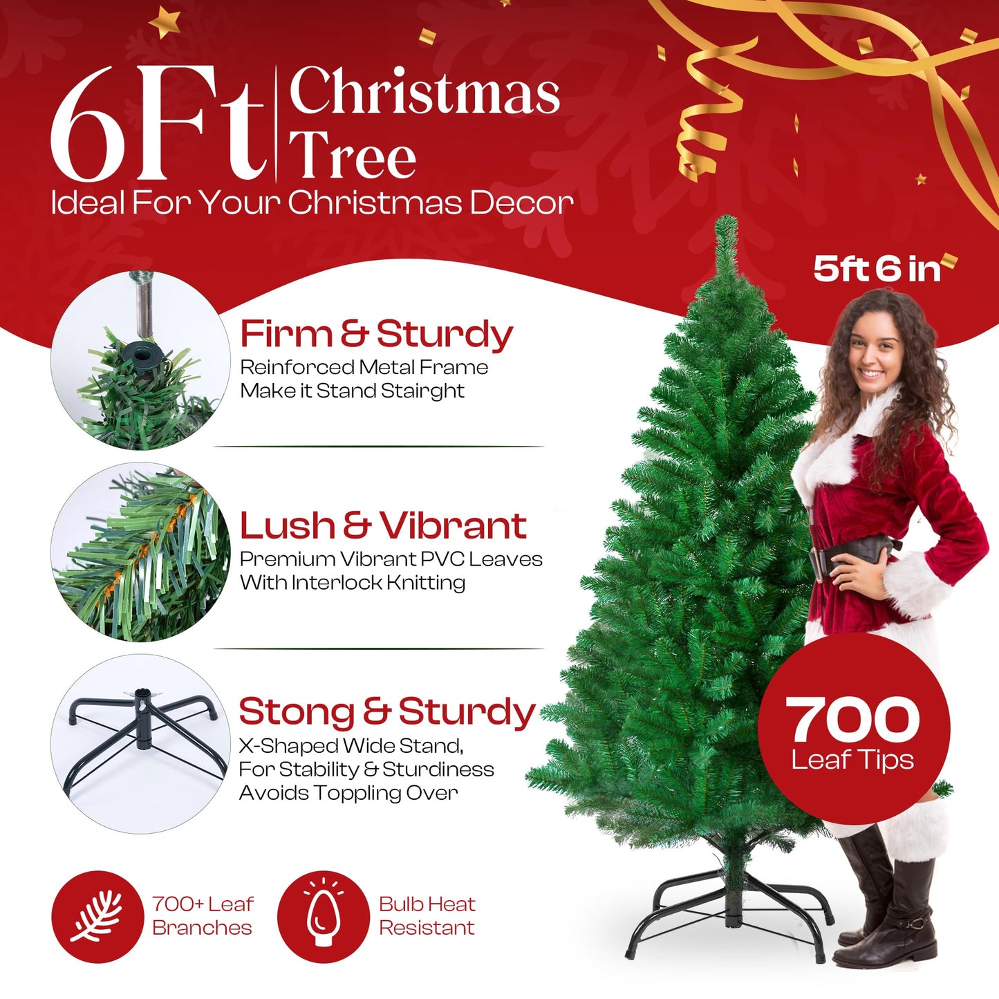 KLASS 6ft Christmas Tree 700 Tips Lush Xmas Tree Premium PVC Realistic Artificial Christmas Tree With Metal Stand, Green Christmas Trees in 4ft, 5ft, 6 ft 7ft Sizes Perfect Christmas Decoration (6ft)
