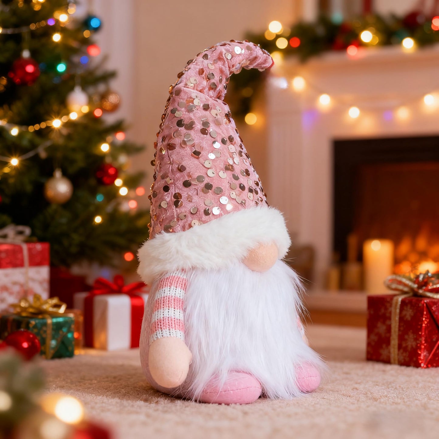 3PCS Light Up Gnome Christmas Decorations Santa Gnomes with Glitter Hat, Light Up Christmas Gonks Ornaments Elf Christmas for Xmas Decorations Indoor Holiday Table Home Decor (Red&Pink&Grey)