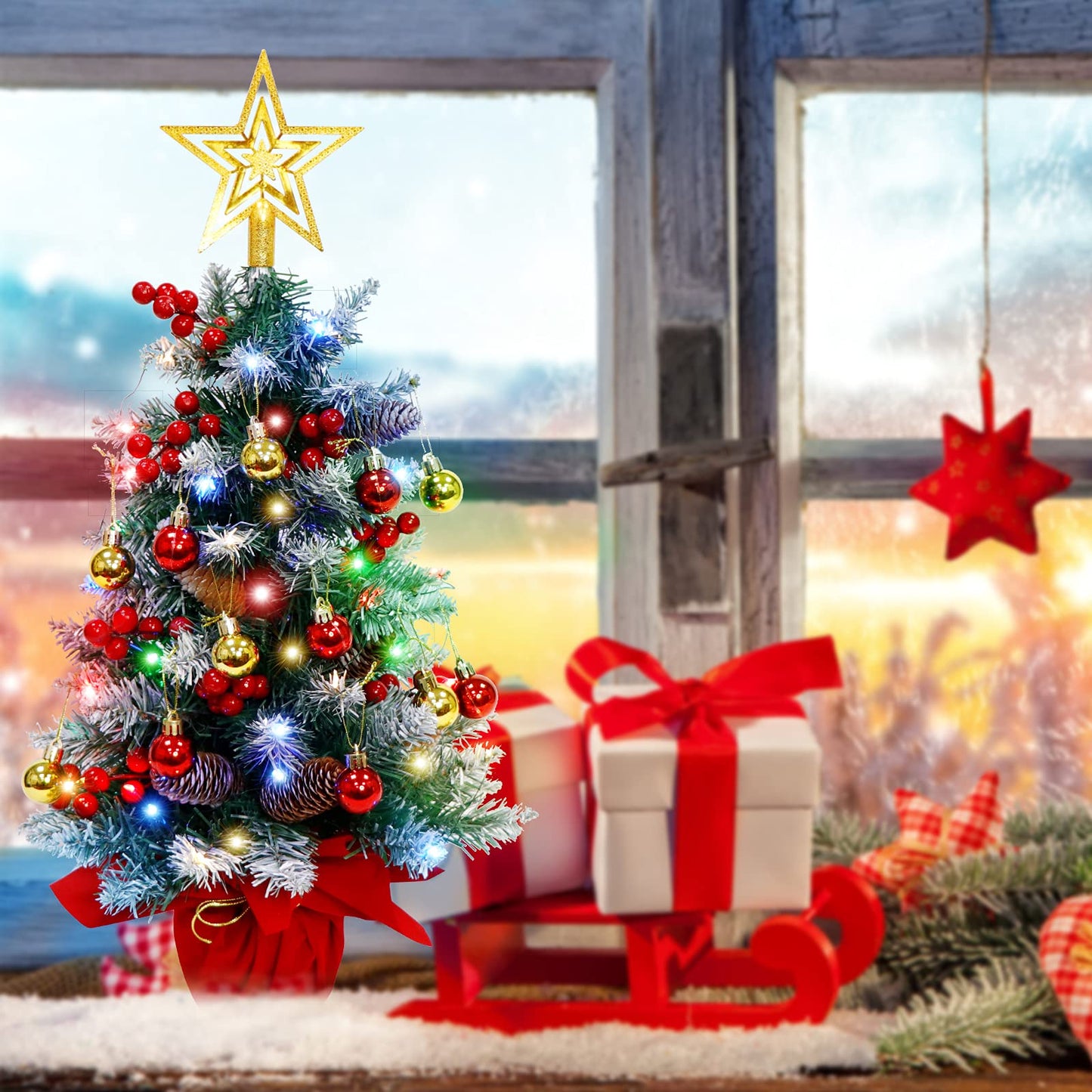 Fayavoo 60cm Mini Christmas Tree Artificial Tabletop Christmas Tree with Lights Christmas Baubles Ball Ornaments, Potted Small Xmas Tree with Christmas Tree Star for Christmas Decorations