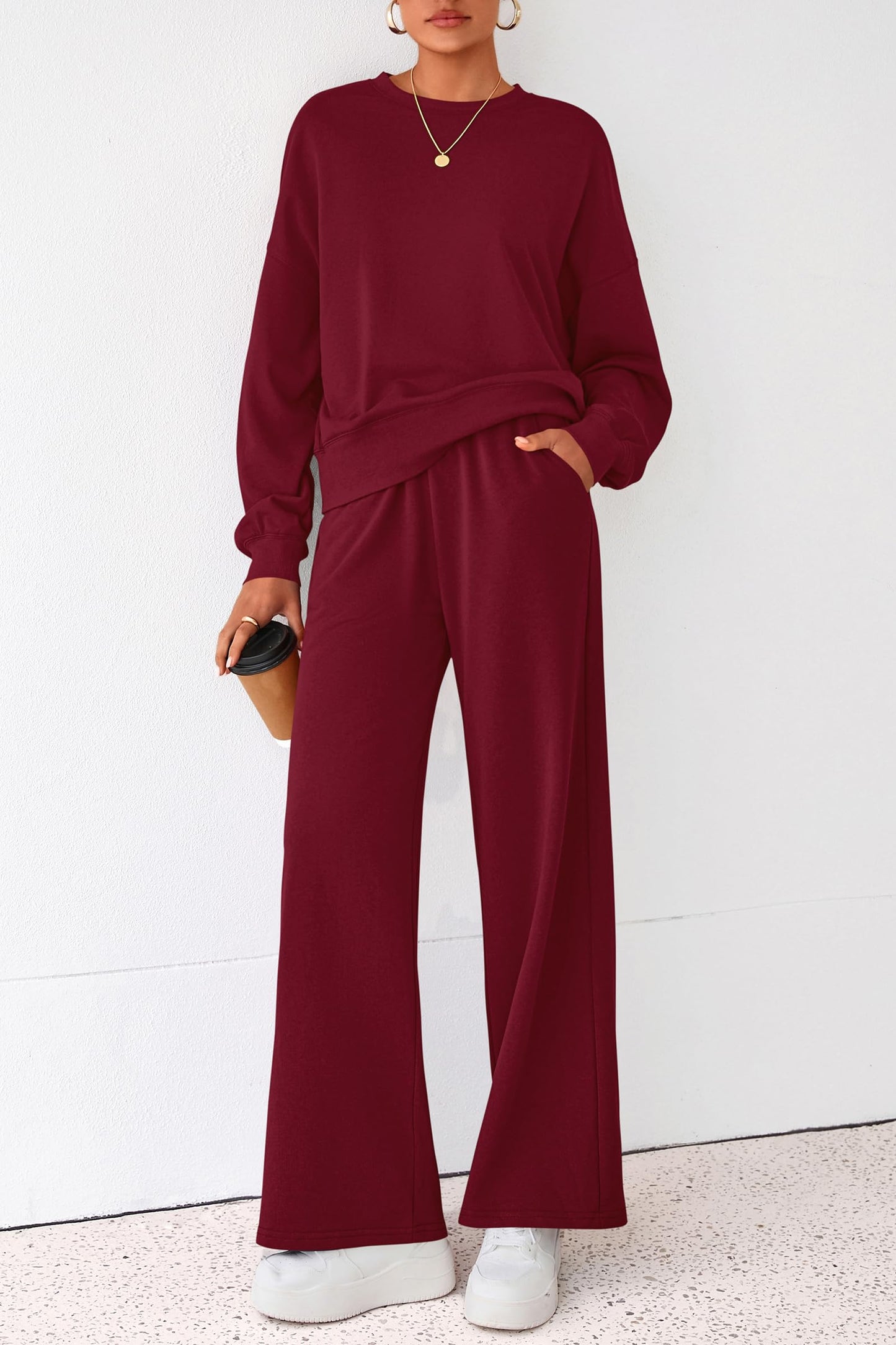 PRETTYGARDEN Women 2 Piece Outfits 2025 Fall Sweatsuits Crewneck Sweatshirt Wide Leg Sweatpants Lounge Sets Tracksuit(Burgundy,X-Small)