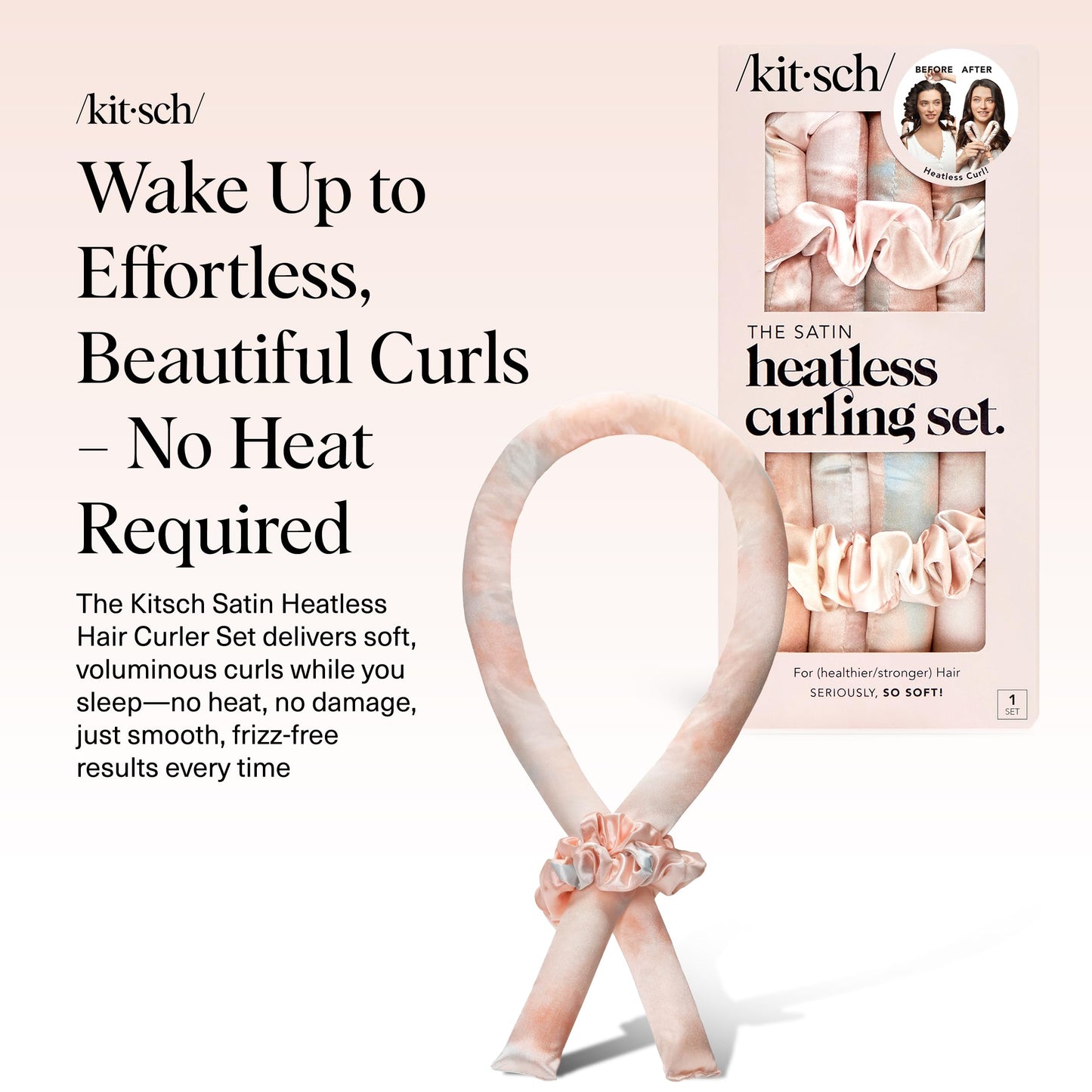 Kitsch Heatless Curling Set - Satin Heatless Curler, Heatless Curlers for Long & Short Hair, Hair Curler No Heat for Heatless Curls, Overnight Curls with 2 Scrunchies & Blowout Rod - Sunset Tie Dye