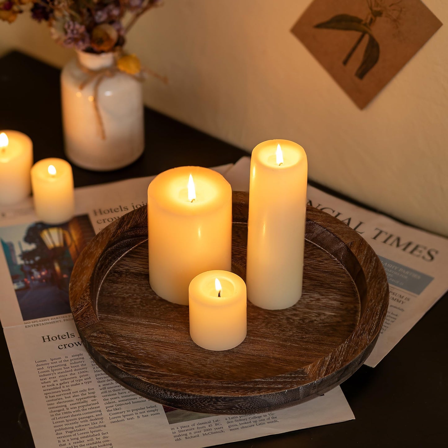Hanobe Wooden Candle Holder Tray: Round Decorative Candle Plate Farmhouse Table Centerpiece Rustic Wood Tealight Pillar Trays for Christmas Wedding Halloween Home Decor