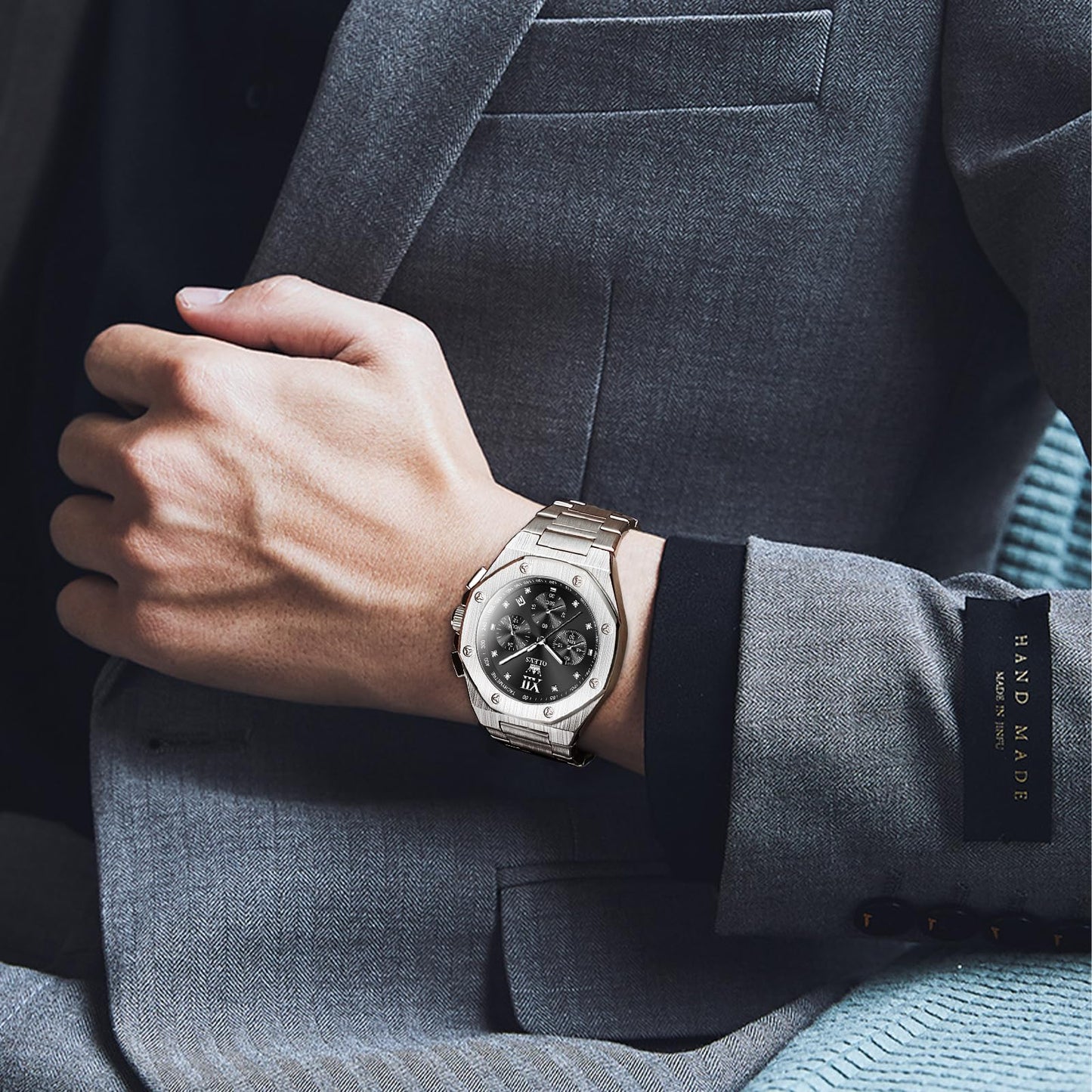 OLEVS Watch for Men Big Black Face Analog Quartz Diamond Mens Watches Chronograph Roman Numerals Stainless Steel Silver Men's Watch Luxury Large Wrist Waterproof Luminous Date Watches for Mens