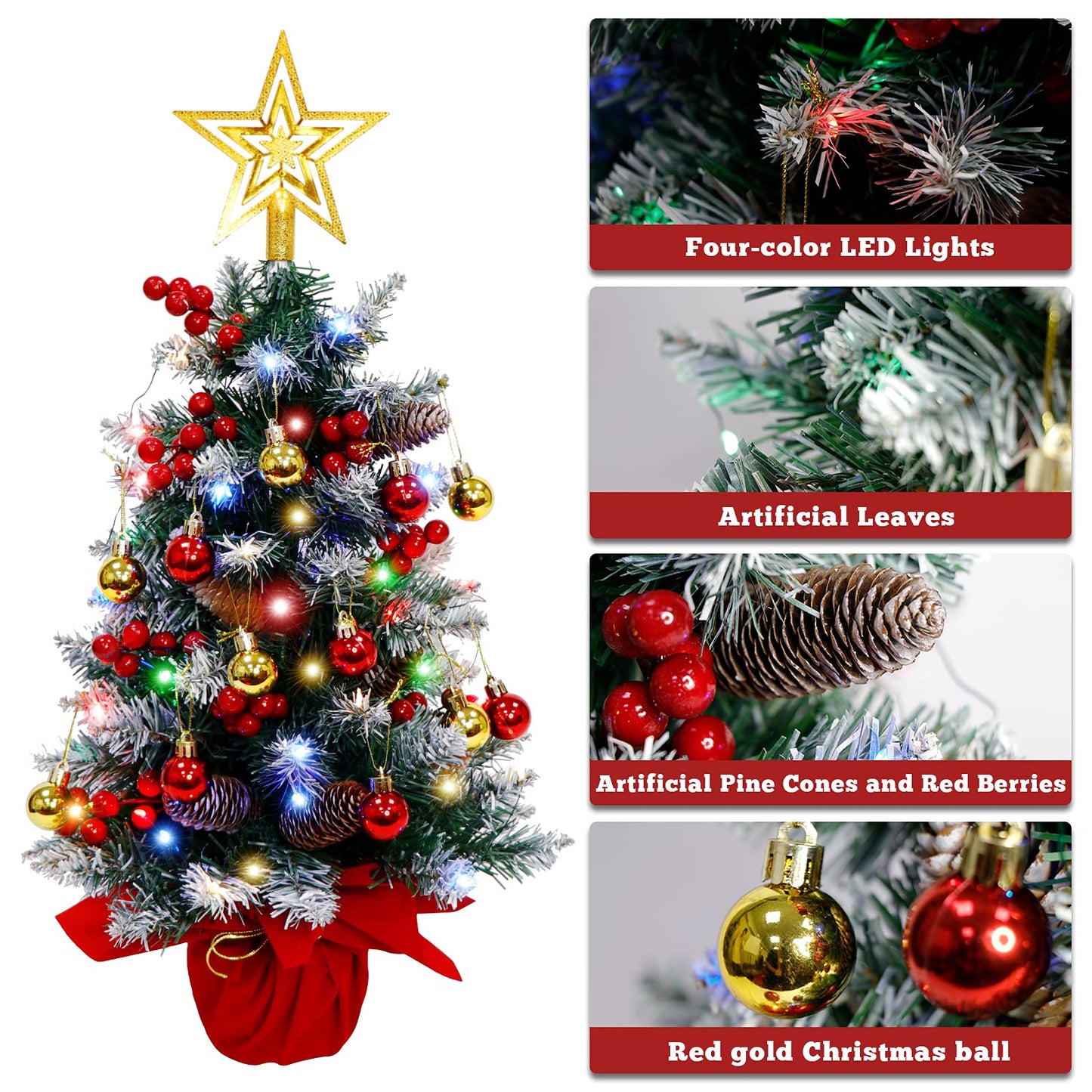 Fayavoo 60cm Mini Christmas Tree Artificial Tabletop Christmas Tree with Lights Christmas Baubles Ball Ornaments, Potted Small Xmas Tree with Christmas Tree Star for Christmas Decorations