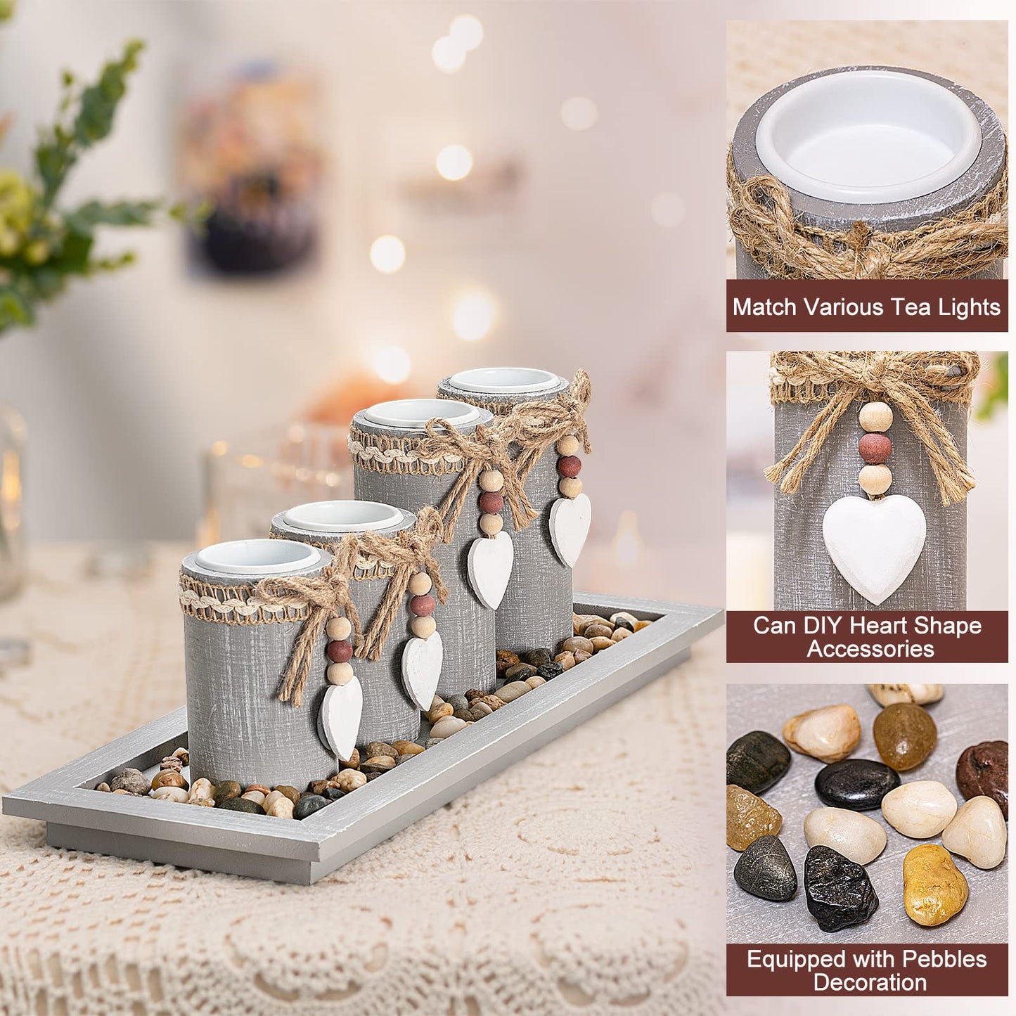 GoMaihe Candle Holder Set of 4 with Wodden Tray, Tealight Holders Candlestick Holder, Table Centerpiece Home Decor Living Room Bedroom Decoration Mum Gift Birthday Wedding Christmas Party Ornaments