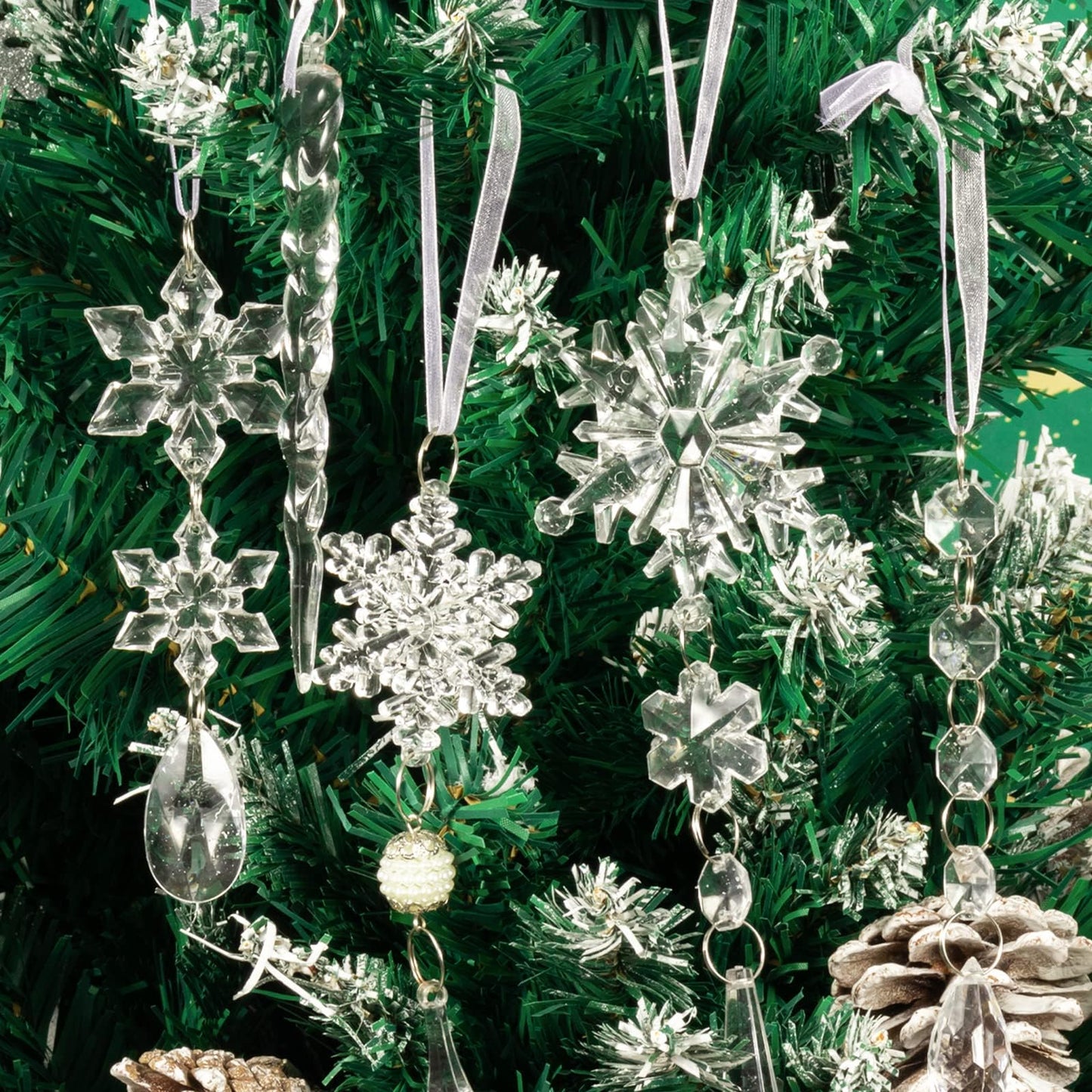 18pcs Crystal Ornaments - Acrylic Christmas Snowflake Icicle Drop for Tree, Winter, New Year Party Supplies