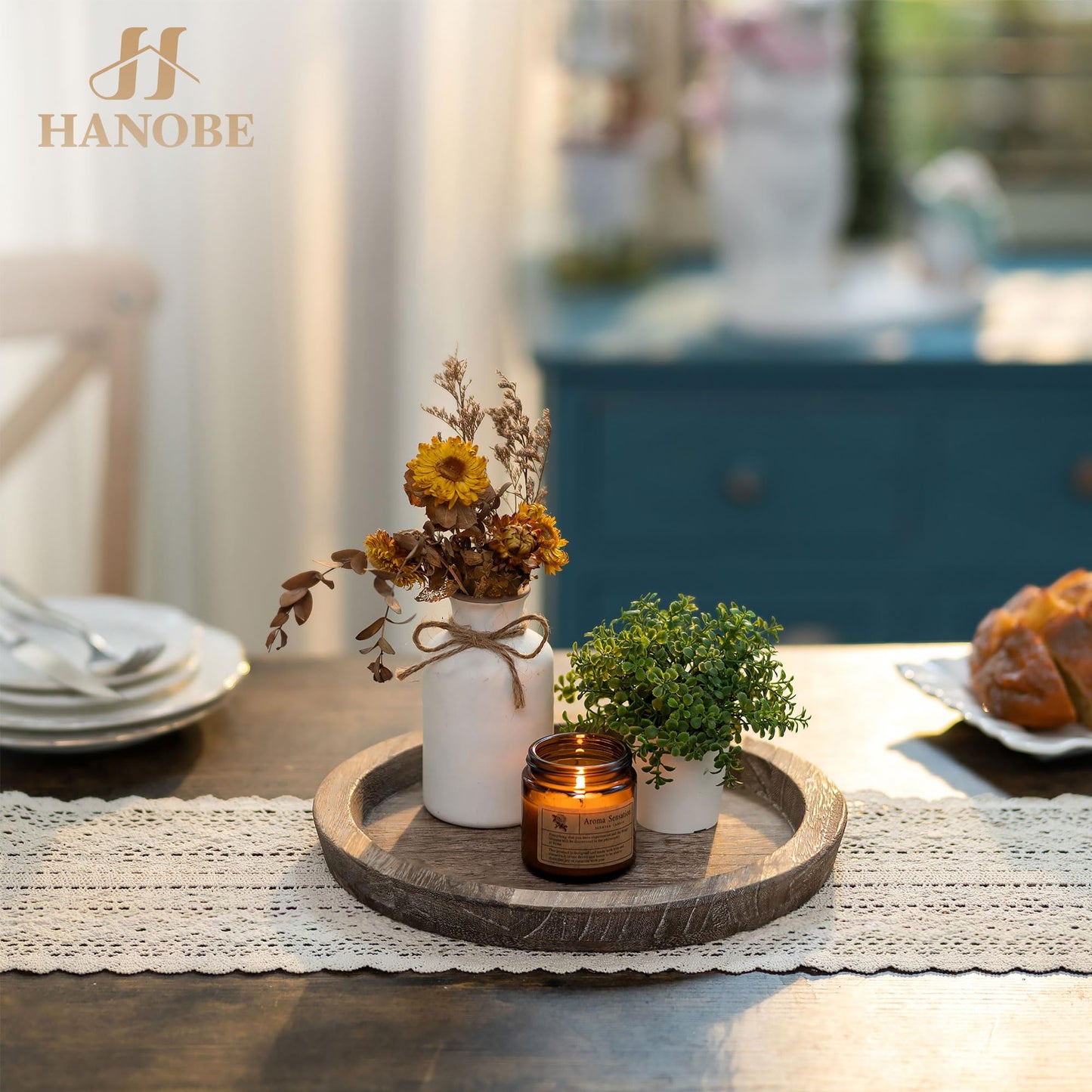 Hanobe Wooden Candle Holder Tray: Round Decorative Candle Plate Farmhouse Table Centerpiece Rustic Wood Tealight Pillar Trays for Christmas Wedding Halloween Home Decor
