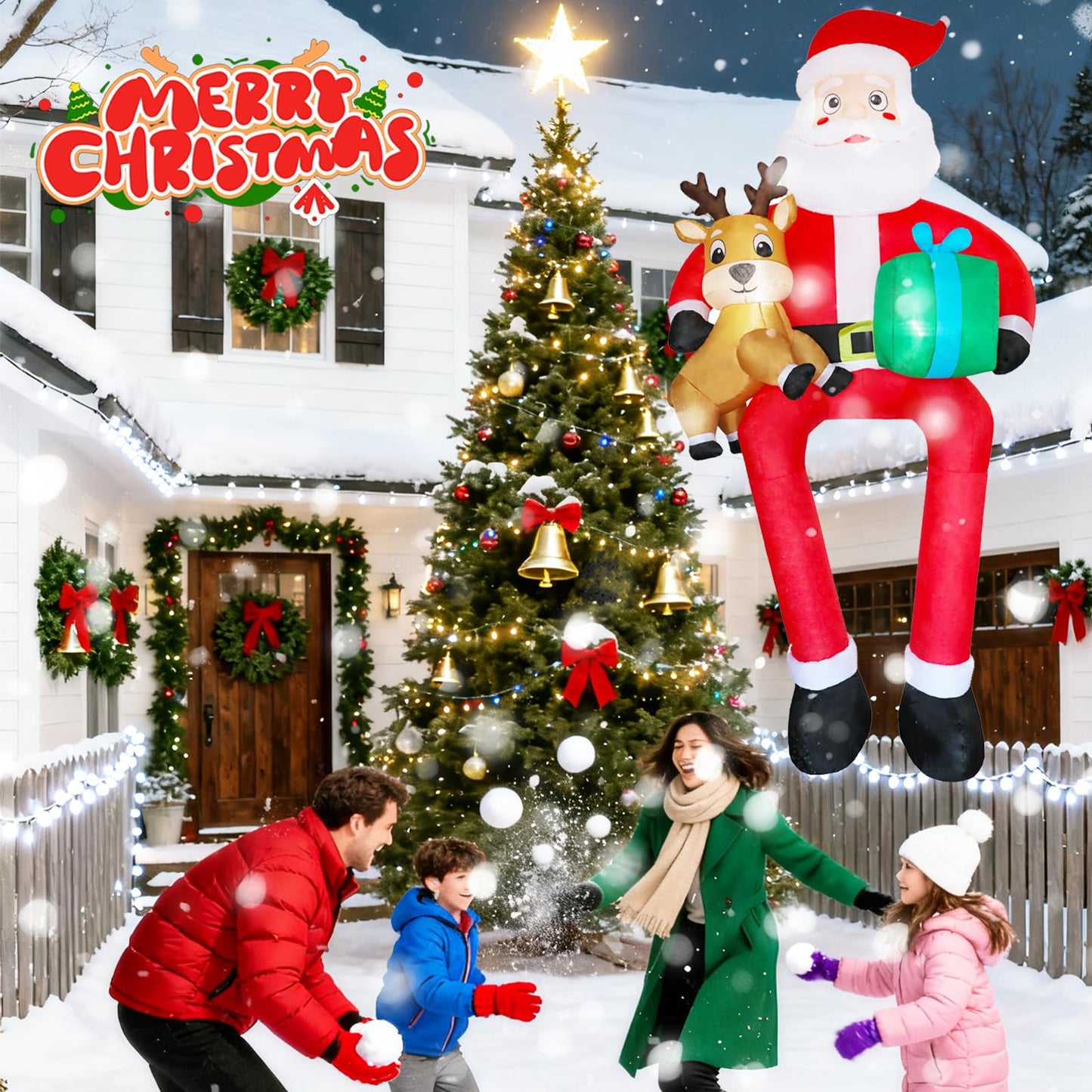 PIPIMOUSE 9.5Ft Christmas Inflatable Outdoor Decoration Giant Sitting Santa Claus Christmas Inflatables with LED Light Climbing Santa Inflatable Blow Up Yard Decorations for Xmas Roof Eaves Lawn Shrub