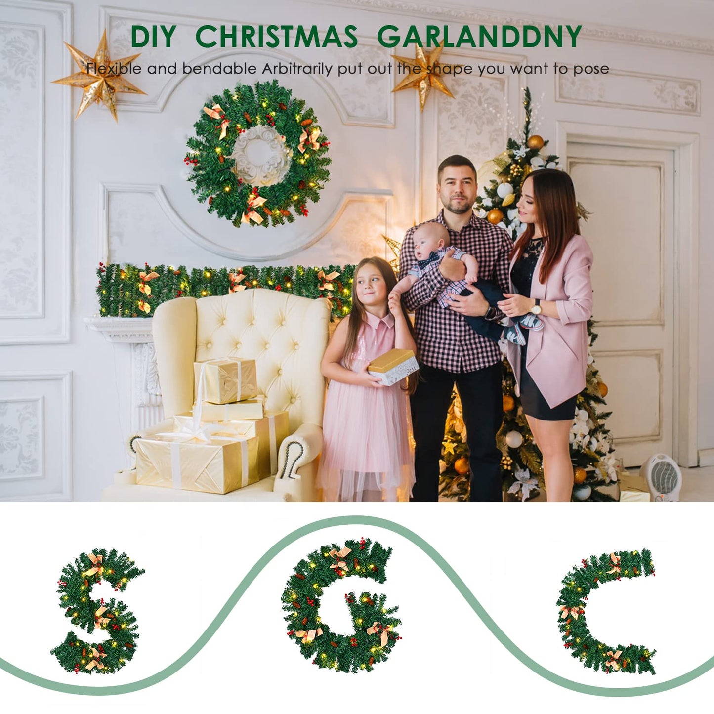 1.8M/6FT Christmas Garland with Lights, Christmas Garlands for Fireplace Stairs Artificial Wreath with 50 LED Lights and Bow Pine Cones Berries for Xmas Tree Front Door Home Holiday Decor