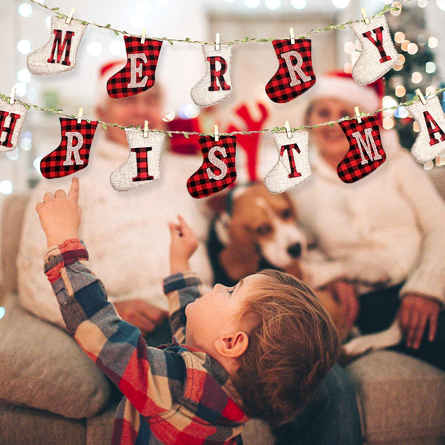 LessMo Merry Christmas Banners, Sock Shaped Burlap Banners, Red-White Plaid, 3 Meters (Length Only), 14 Pieces, Indoor/Outdoor, Christmas Party & Wall Decoration
