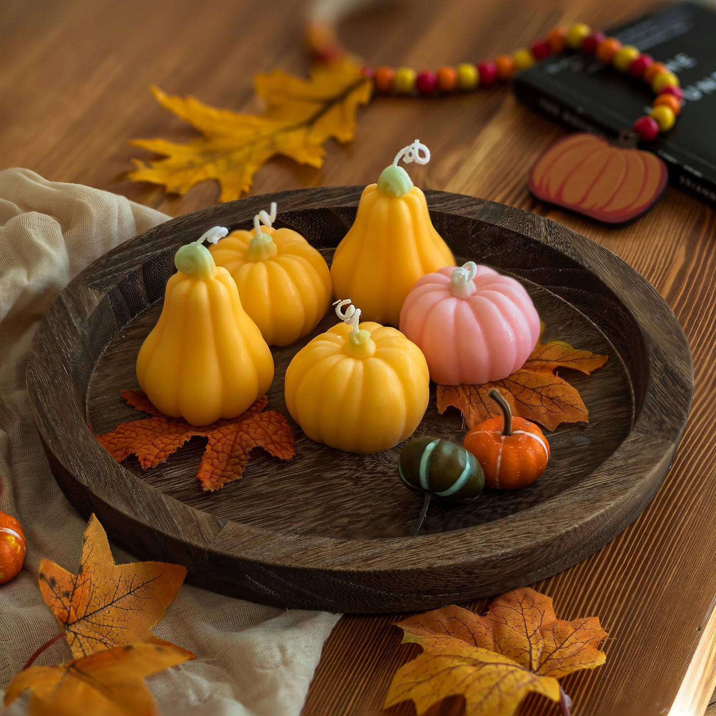 Hanobe Wooden Candle Holder Tray: Round Decorative Candle Plate Farmhouse Table Centerpiece Rustic Wood Tealight Pillar Trays for Christmas Wedding Halloween Home Decor