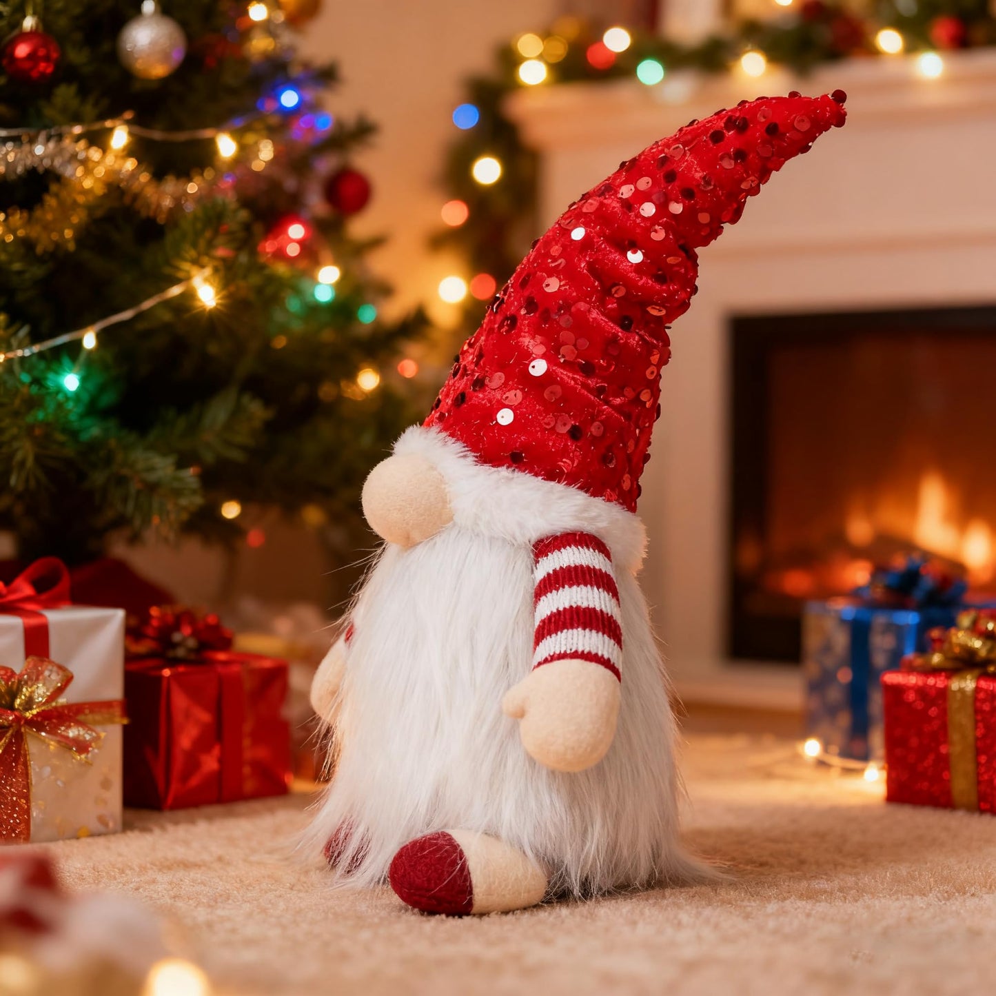 3PCS Light Up Gnome Christmas Decorations Santa Gnomes with Glitter Hat, Light Up Christmas Gonks Ornaments Elf Christmas for Xmas Decorations Indoor Holiday Table Home Decor (Red&Pink&Grey)