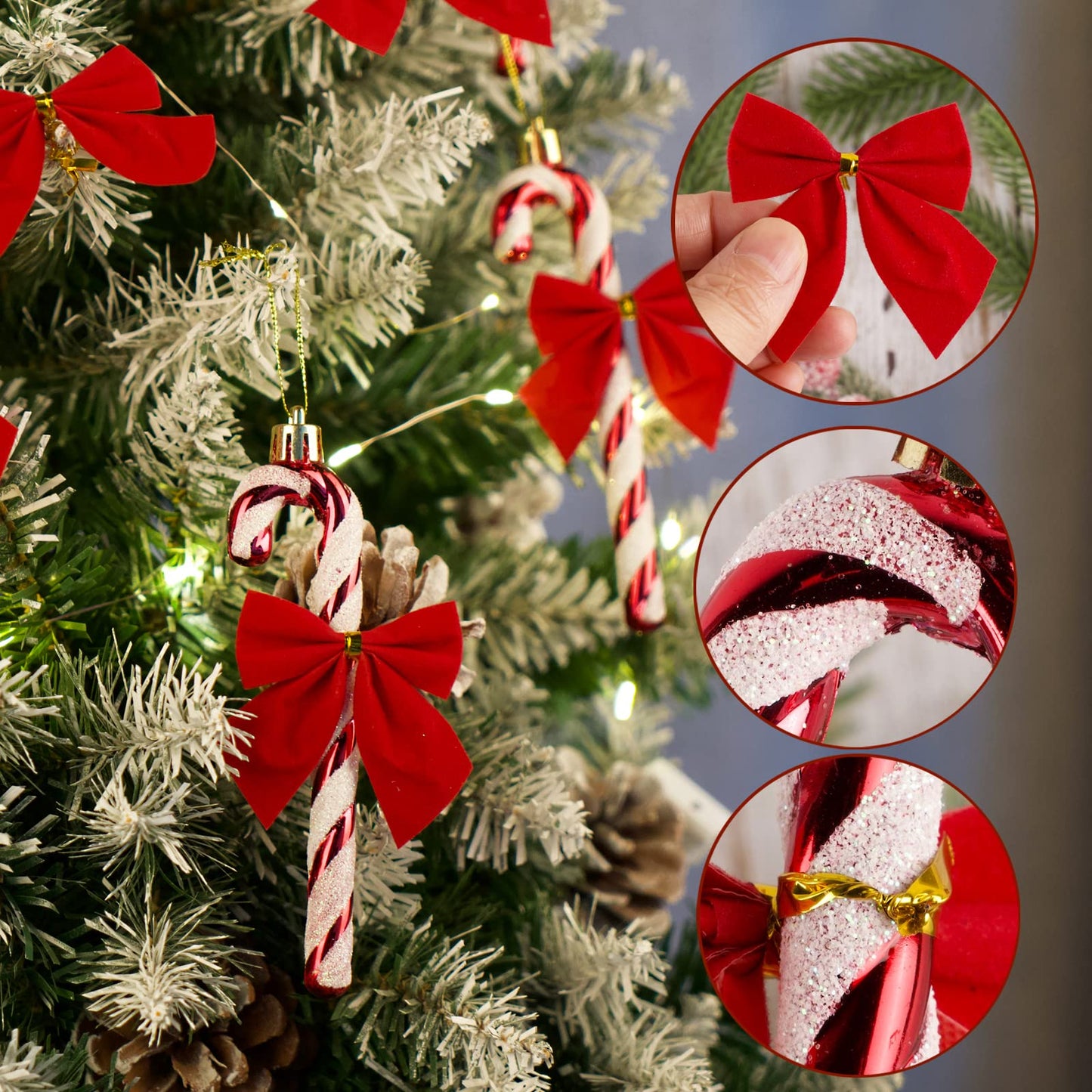 18pcs Christmas Decorations Candy Canes Red White and Small Red Bows for Christmas Tree Decorations Hanging Ornaments (Red)