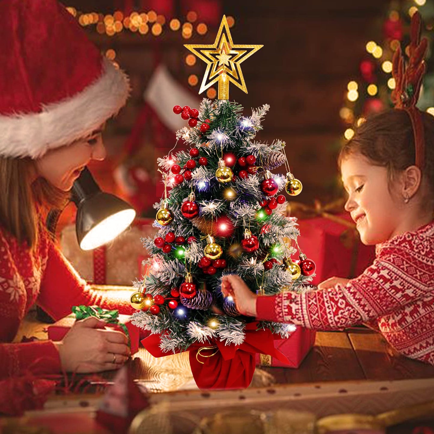Fayavoo 60cm Mini Christmas Tree Artificial Tabletop Christmas Tree with Lights Christmas Baubles Ball Ornaments, Potted Small Xmas Tree with Christmas Tree Star for Christmas Decorations
