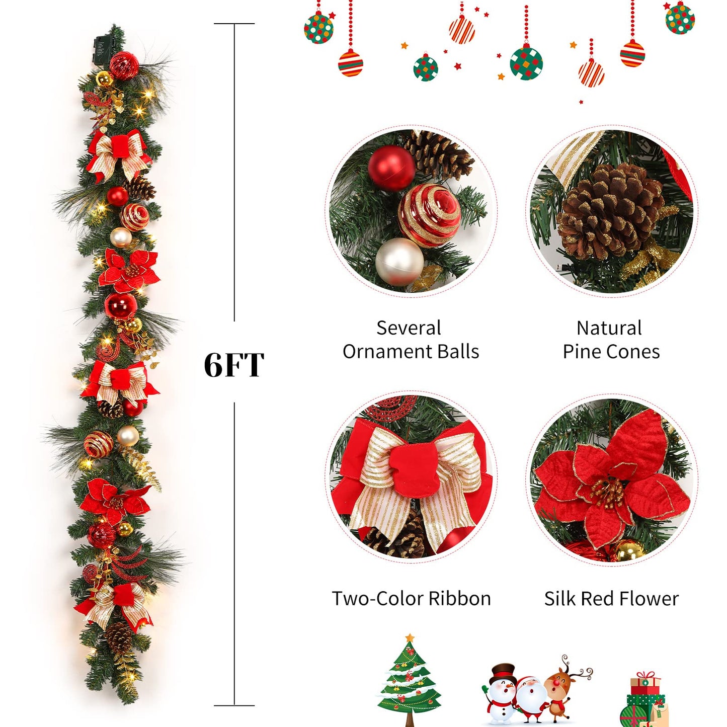1.8M/6FT Christmas Garland with Lights, Pre Lit Christmas Decorations with LED Lights and Bow Pine Cones Berries for Xmas Tree Front Door Stairs Mantle Fireplace Home Holiday Decor, Xmas Decor