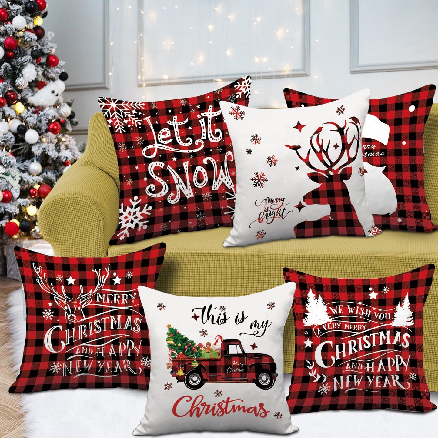 AMLOOPH Christmas Cushion Covers Set Of 6, Christmas Decorations Indoor Decor Red Black Strip Tartan Sofa Cushion Covers 45 X 45 cm Soft Plush Christmas Throw Pillow Covers Cases For Xmas Decorations