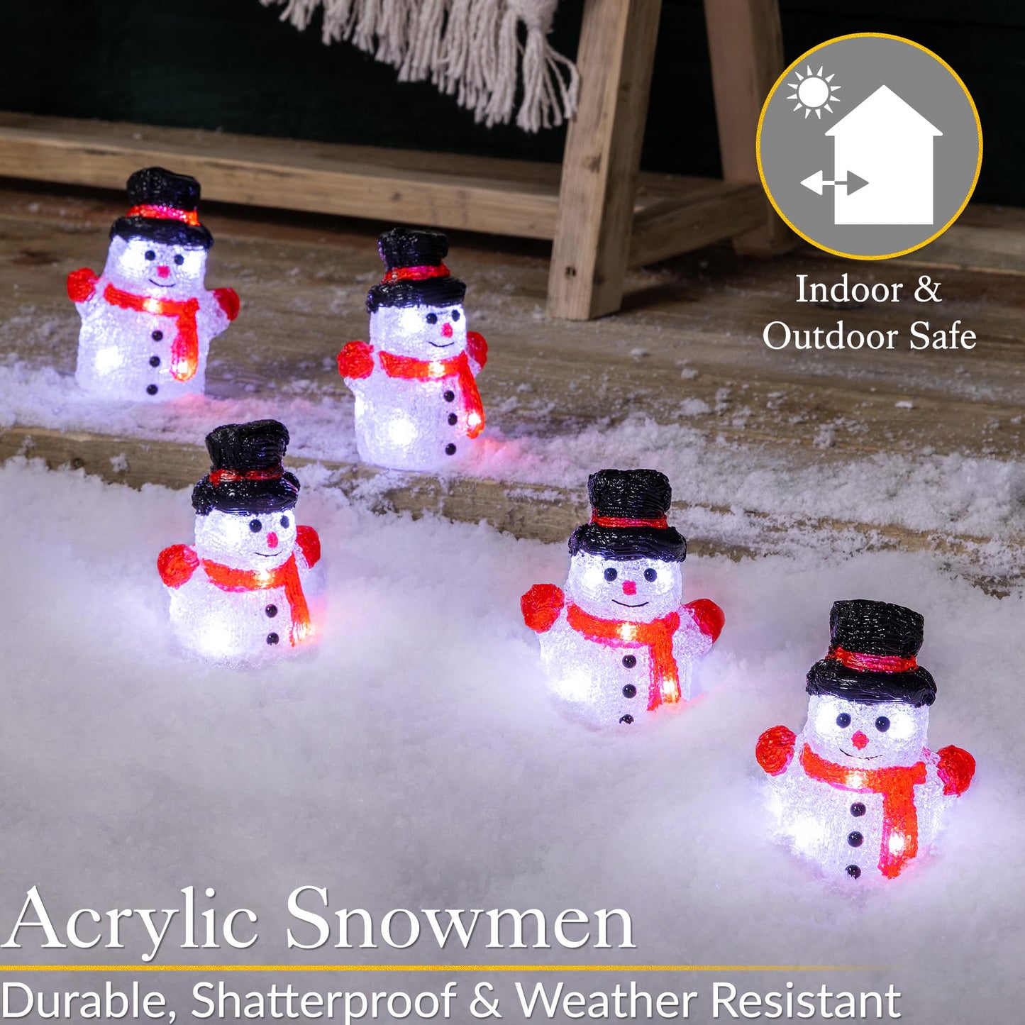CHRISTOW Light Up Snowman Acrylic Christmas Decorations, Set of 5, Battery Powered with Timer, 30 Static White LED Lights, Indoor & Outdoor Weatherproof Ornaments, 13cm x 11cm x 6cm