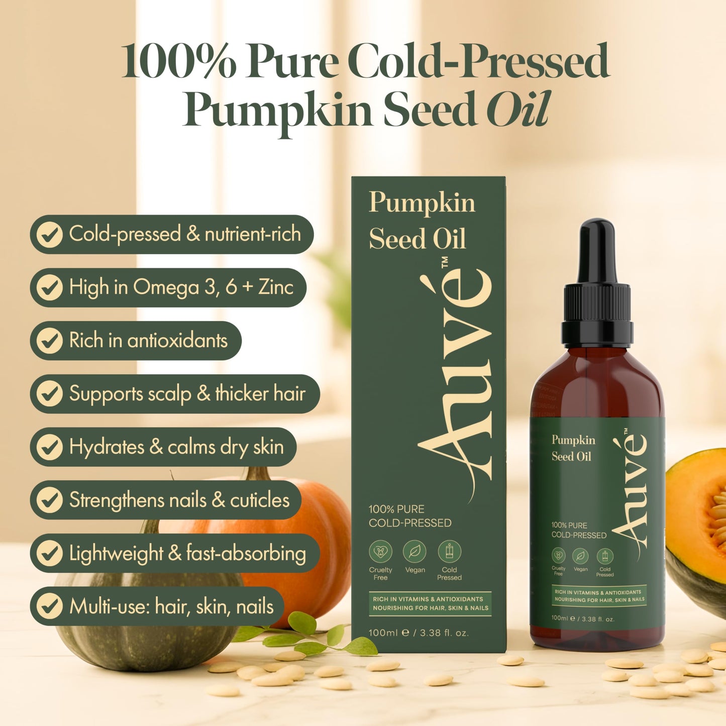 Auvé Hair Oil 100ml: 100% Pure Cold-Pressed Pumpkin Seed Oil for Hair Growth - Rich in Omegas 3 & 6, Zinc & Antioxidants - Natural for Thicker-Looking Hair, Beautiful Skin, & Healthy Nails