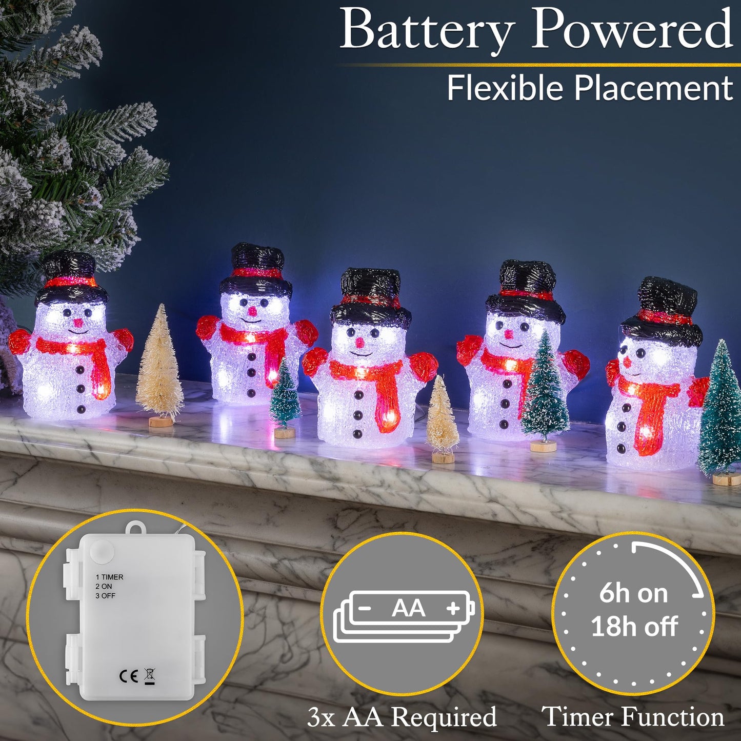 CHRISTOW Light Up Snowman Acrylic Christmas Decorations, Set of 5, Battery Powered with Timer, 30 Static White LED Lights, Indoor & Outdoor Weatherproof Ornaments, 13cm x 11cm x 6cm
