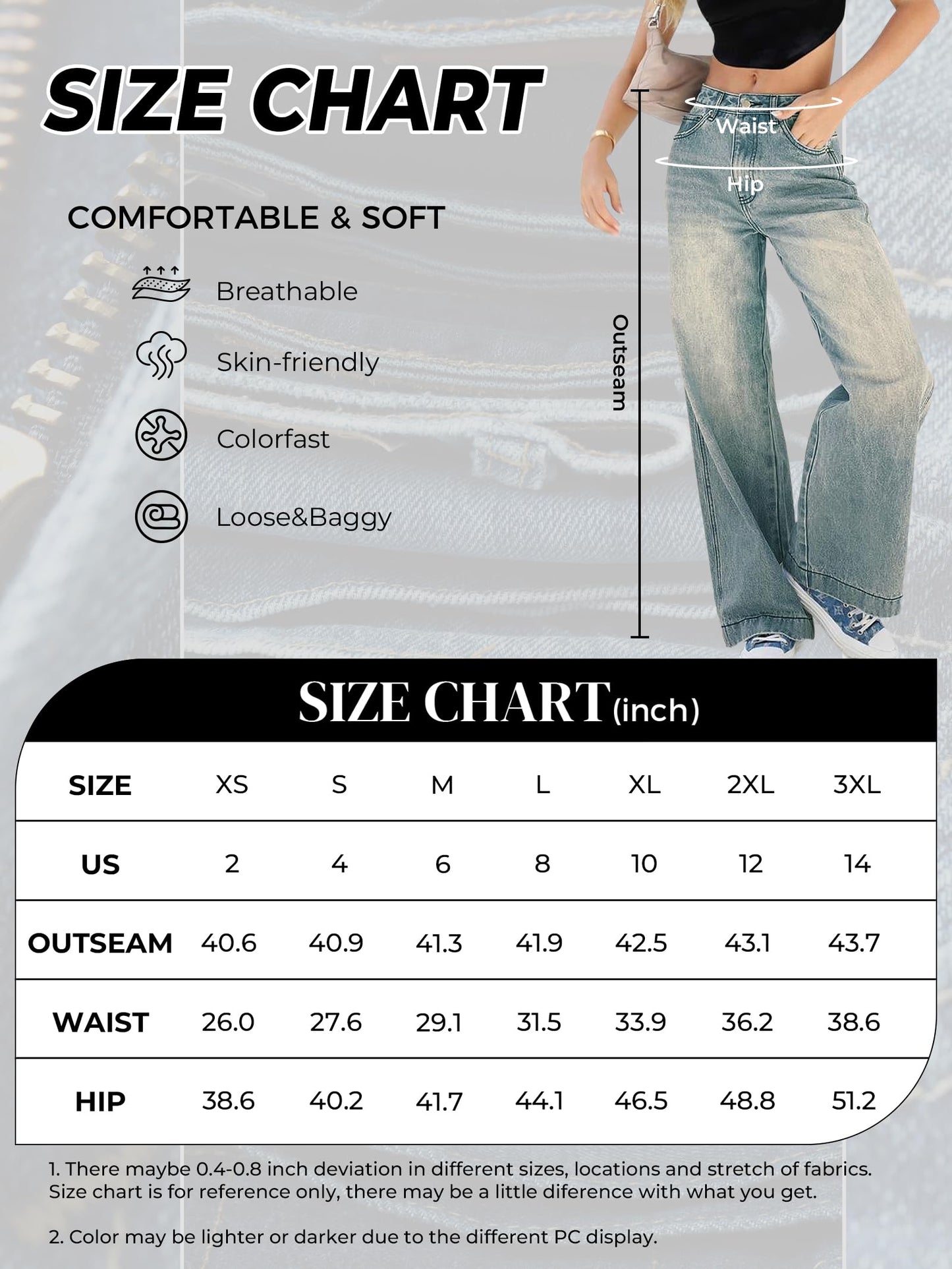EMMIOL Women's Wide Leg Jeans Distress Mid Waist Denim Pants Vintage Y2K Trousers Dark Grey