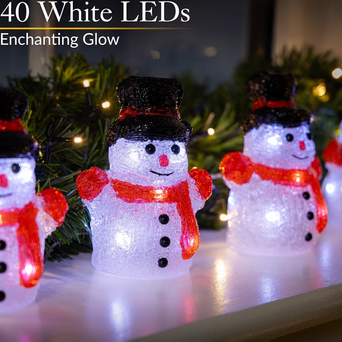 CHRISTOW Light Up Snowman Acrylic Christmas Decorations, Set of 5, Battery Powered with Timer, 30 Static White LED Lights, Indoor & Outdoor Weatherproof Ornaments, 13cm x 11cm x 6cm