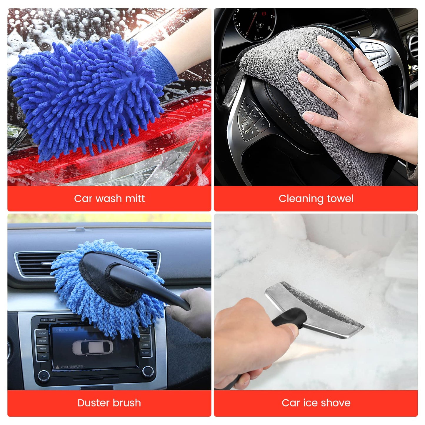 GUANJUNE 18Pcs Car Wash Cleaning Kit with Wash Mitt Sponge Towels, Tire Brush Tool Set, Interior Exterior Car Care Detailing Set for Car Motorcycle Bike Cleaning Wheels, Engine, Emblems, Air Vents