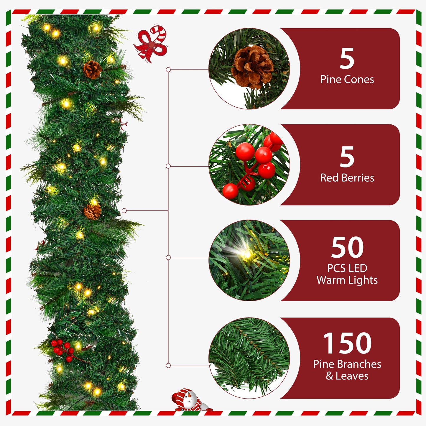 6FT/1.8M Christmas Garland For Fireplace Stairs Front Door, Xmas Garlands With Lights Pine Cones Berries,Light Up Artificial Wreath Table Porch Arch Mantle Garden Gate Home Outdoor Decorations