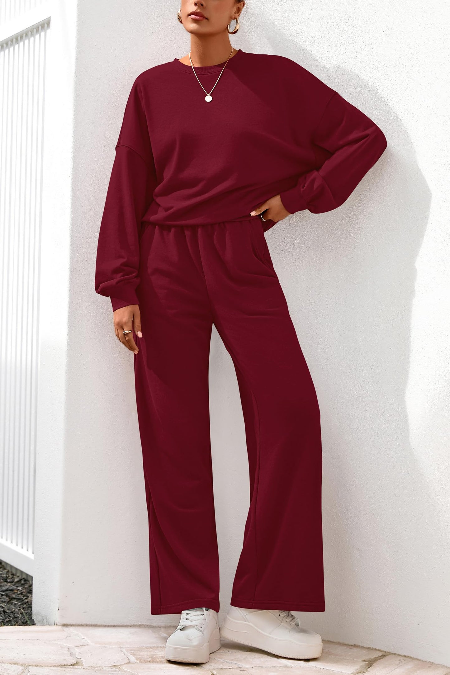 PRETTYGARDEN Women 2 Piece Outfits 2025 Fall Sweatsuits Crewneck Sweatshirt Wide Leg Sweatpants Lounge Sets Tracksuit(Burgundy,X-Small)