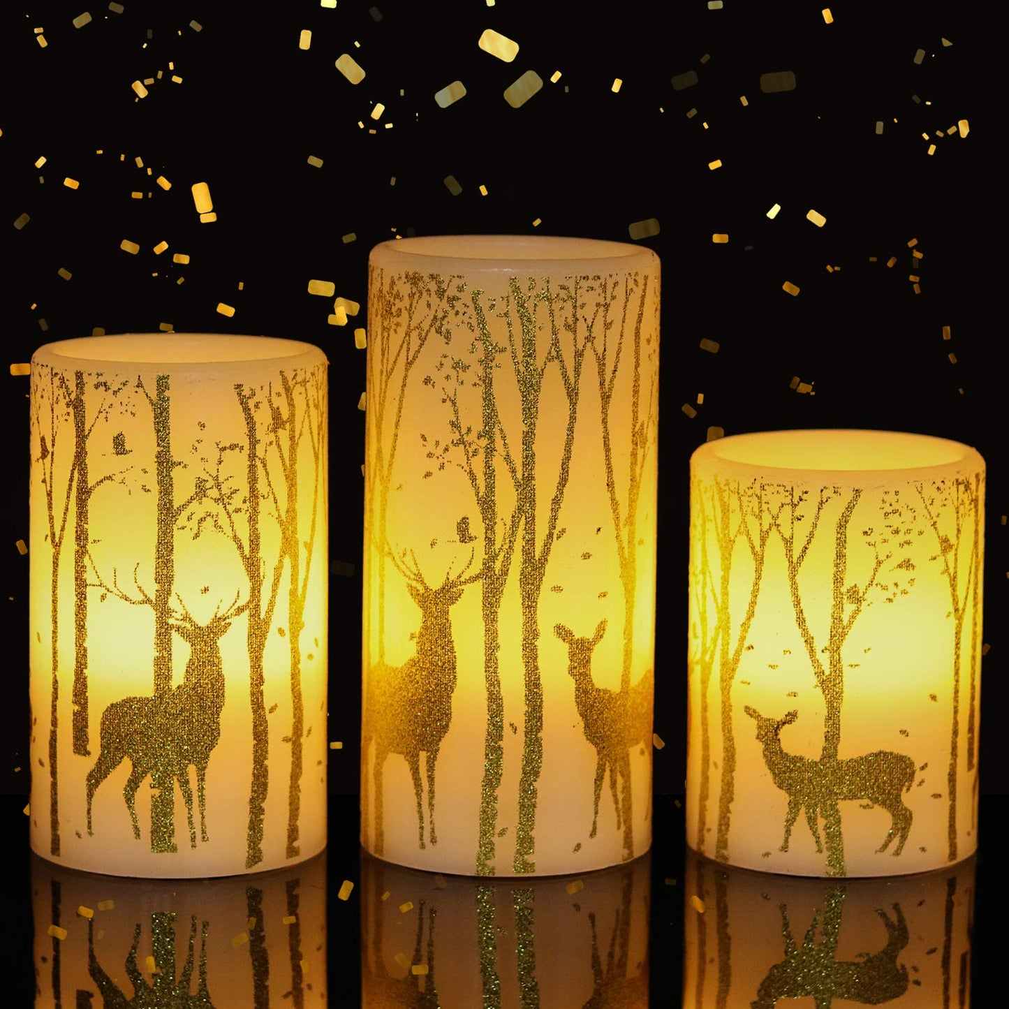 Eldnacele Flameless Candles Flickering with 6H Timer, 3 Pack Gold Reindeer Elk Decal Real Wax Candles Lights LED Flames for Christmas Home Decoration Powered by 3 AAA Batteries