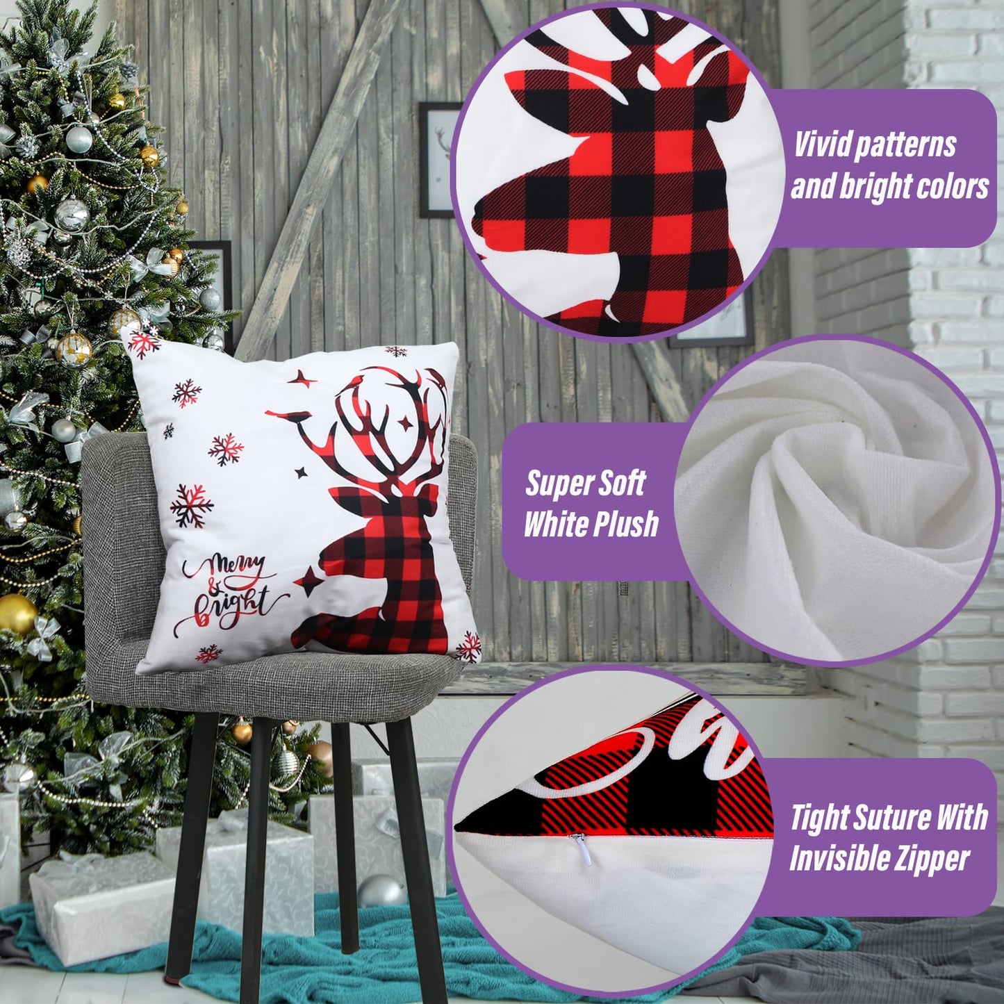 AMLOOPH Christmas Cushion Covers Set Of 6, Christmas Decorations Indoor Decor Red Black Strip Tartan Sofa Cushion Covers 45 X 45 cm Soft Plush Christmas Throw Pillow Covers Cases For Xmas Decorations