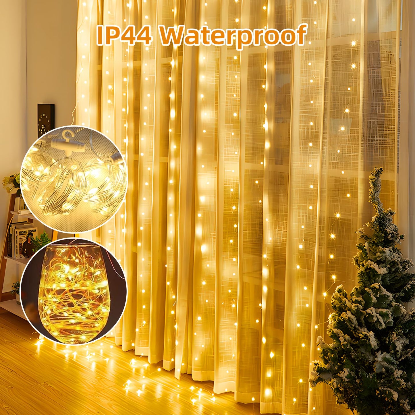 Jsdoin Curtain Fairy Lights, 3.6m x 3m 360leds USB Operated 8 Modes String Light Indoor Waterproof Hanging Window Lights with Hooks for Christmas, Wedding, Party,Wall, Home Decorations(Warm White)