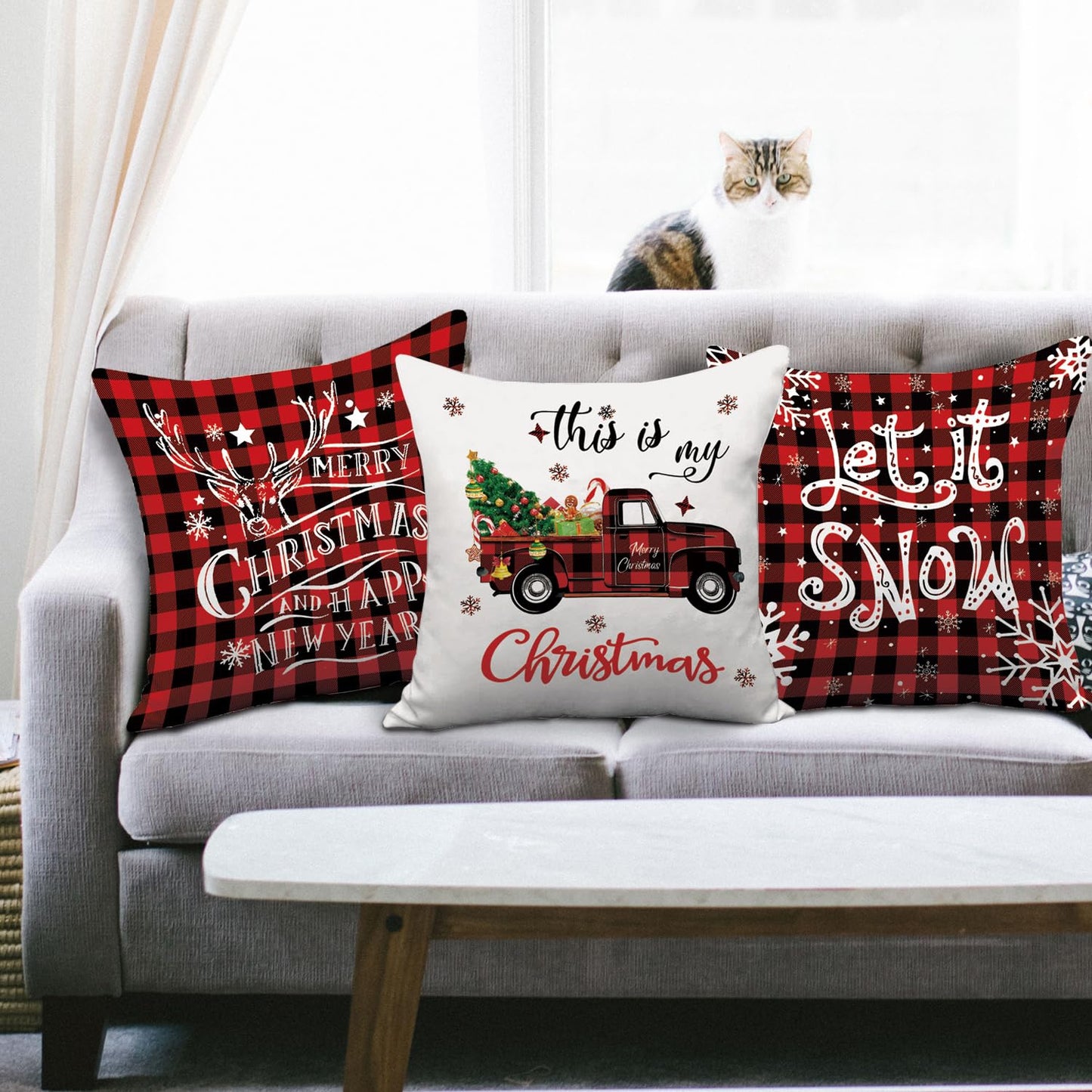 AMLOOPH Christmas Cushion Covers Set Of 6, Christmas Decorations Indoor Decor Red Black Strip Tartan Sofa Cushion Covers 45 X 45 cm Soft Plush Christmas Throw Pillow Covers Cases For Xmas Decorations