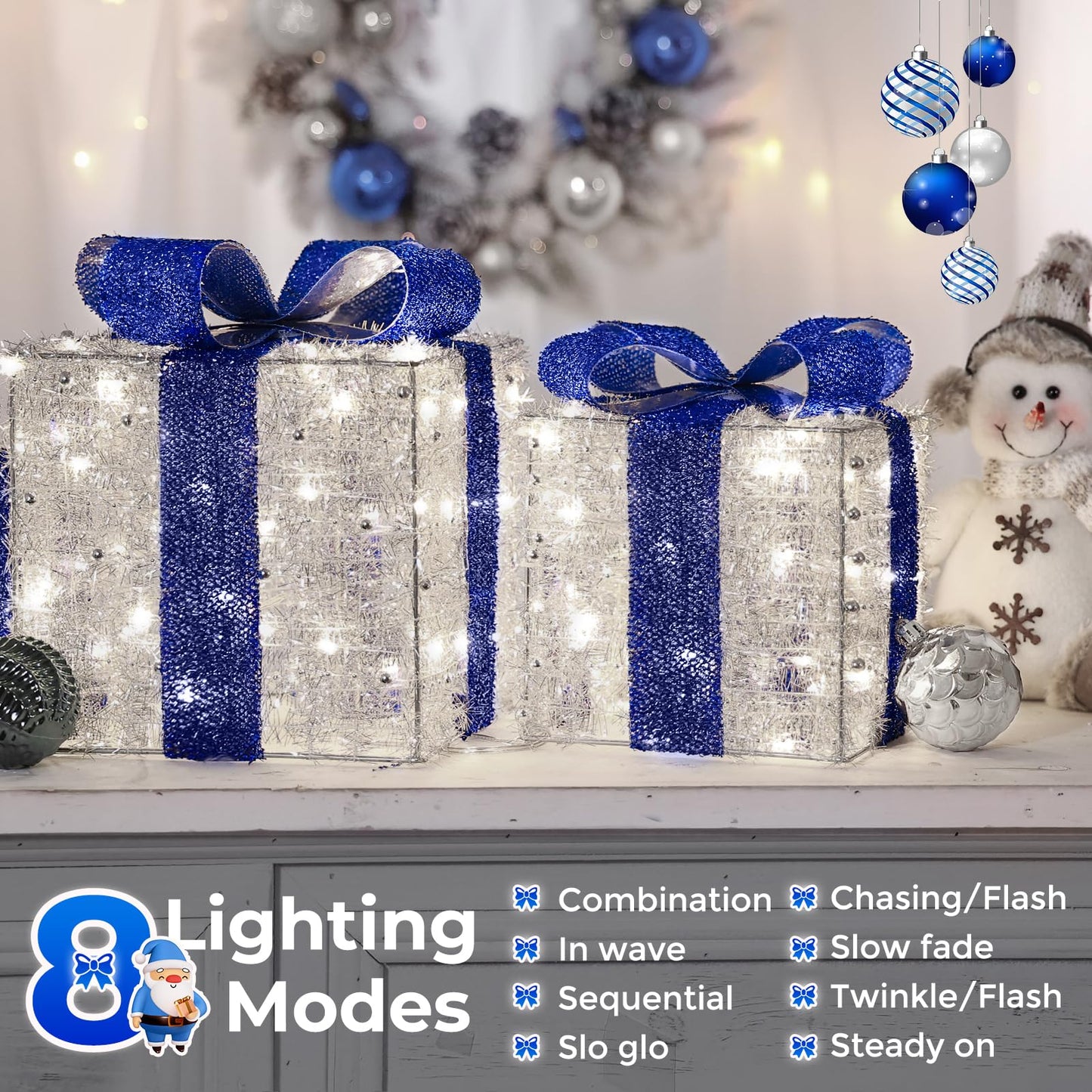 Quntis Light up Present Boxes Christmas 140 LEDs, Set of 3 Christmas Lighted Gift Boxes with 8 Modes and Timer, Plug in Blue Christmas Decorations, Light up Xmas Decorations for Indoor Outdoor