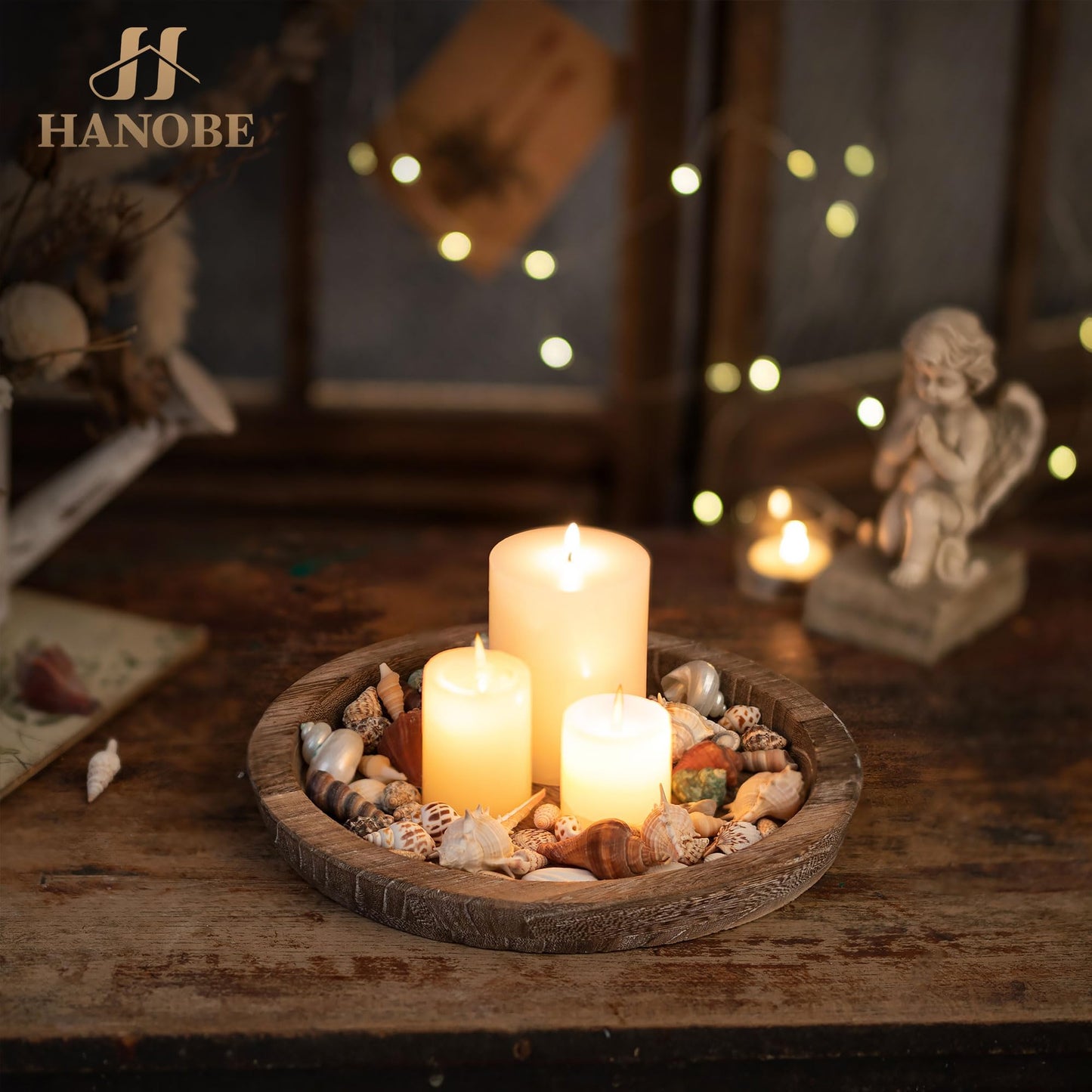 Hanobe Wooden Candle Holder Tray: Round Decorative Candle Plate Farmhouse Table Centerpiece Rustic Wood Tealight Pillar Trays for Christmas Wedding Halloween Home Decor