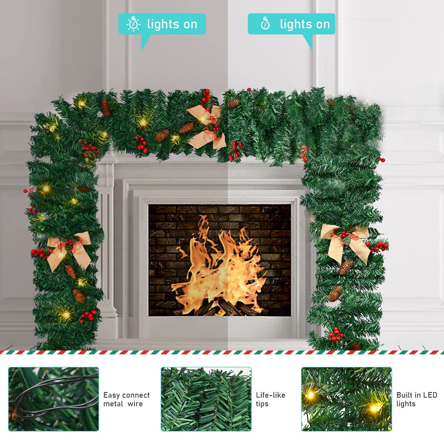 1.8M/6FT Christmas Garland with Lights, Christmas Garlands for Fireplace Stairs Artificial Wreath with 50 LED Lights and Bow Pine Cones Berries for Xmas Tree Front Door Home Holiday Decor