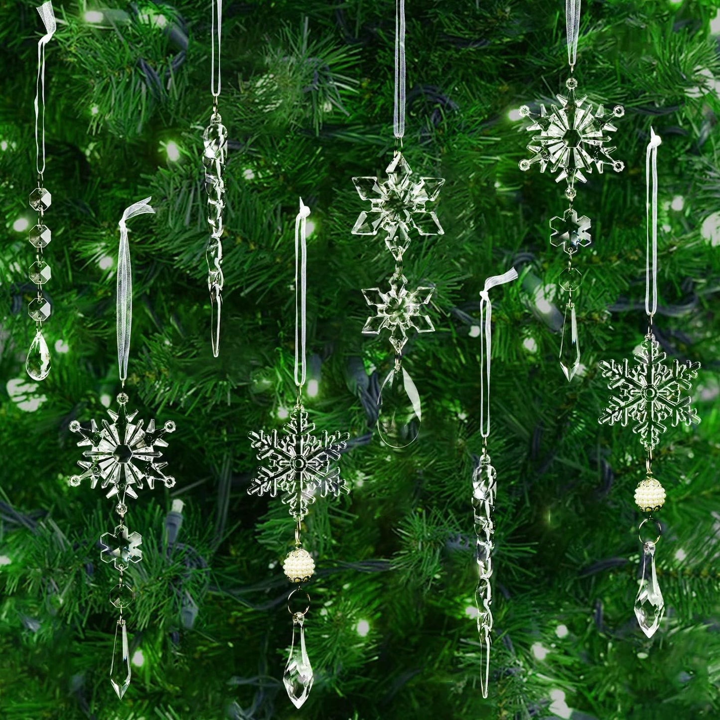 18pcs Crystal Ornaments - Acrylic Christmas Snowflake Icicle Drop for Tree, Winter, New Year Party Supplies